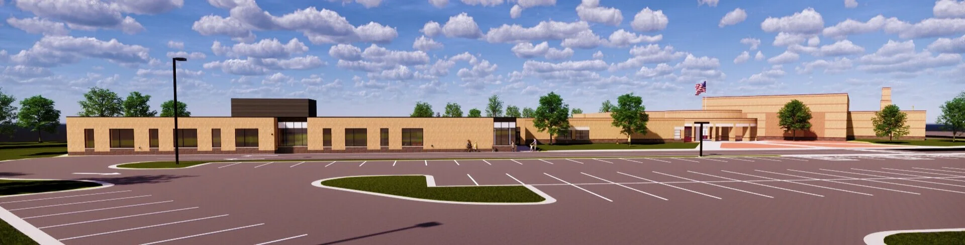 The new addition (left) draws from the character and palette of the existing 1990s building, but expresses those characteristics in subtly more modern ways. Breakout and collaborative spaces are highlighted with high glazing and dark metal panel cap…