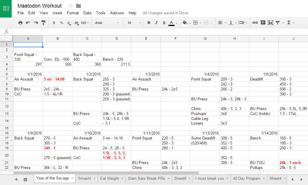 My personal lifting log. Yes, it's called the "Mastodon Workout." And yes, I'm currently in "Year of the Savage."