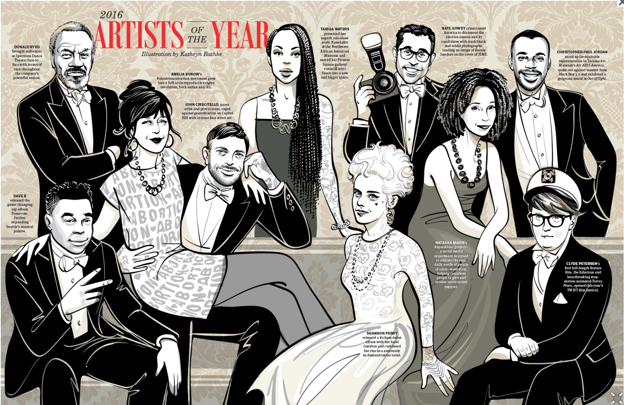Lower left to lower right: Dave B, Donald Byrd, Amelia Bonow, John Criscitello, Tariqa Waters, Shannon Perry, Nate Gowdy, Natasha Marin, Christopher Paul Jordan, Clyde Peterson