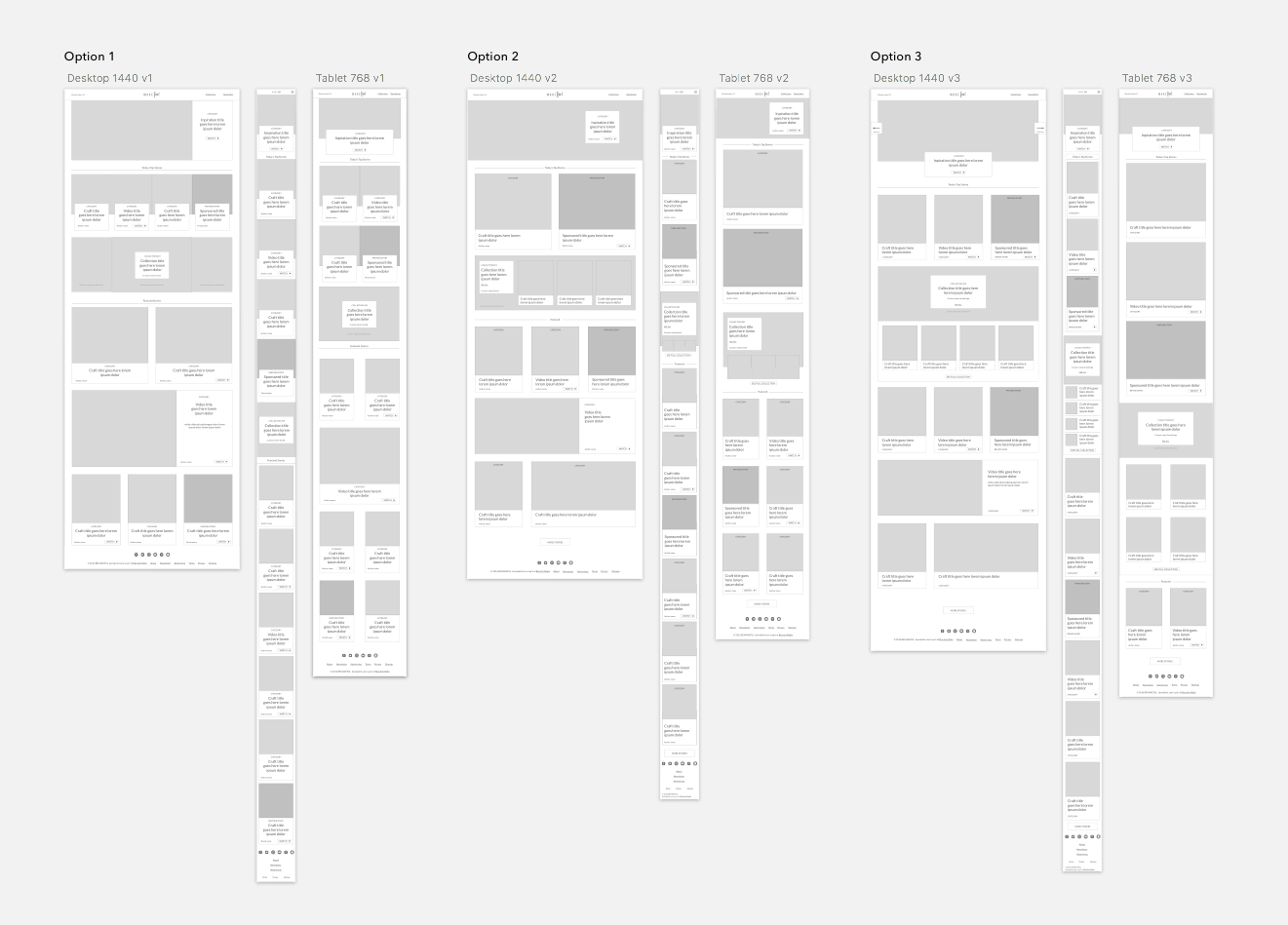 Initial wireframe options for the proposed homepage showing native advertisement placements, number or posts and responsive grids. Since we didn't yet have content for the site, part of the process was to determine how many posts would be required each week to keep the site looking fresh as well as how the various modules could behave responsively.