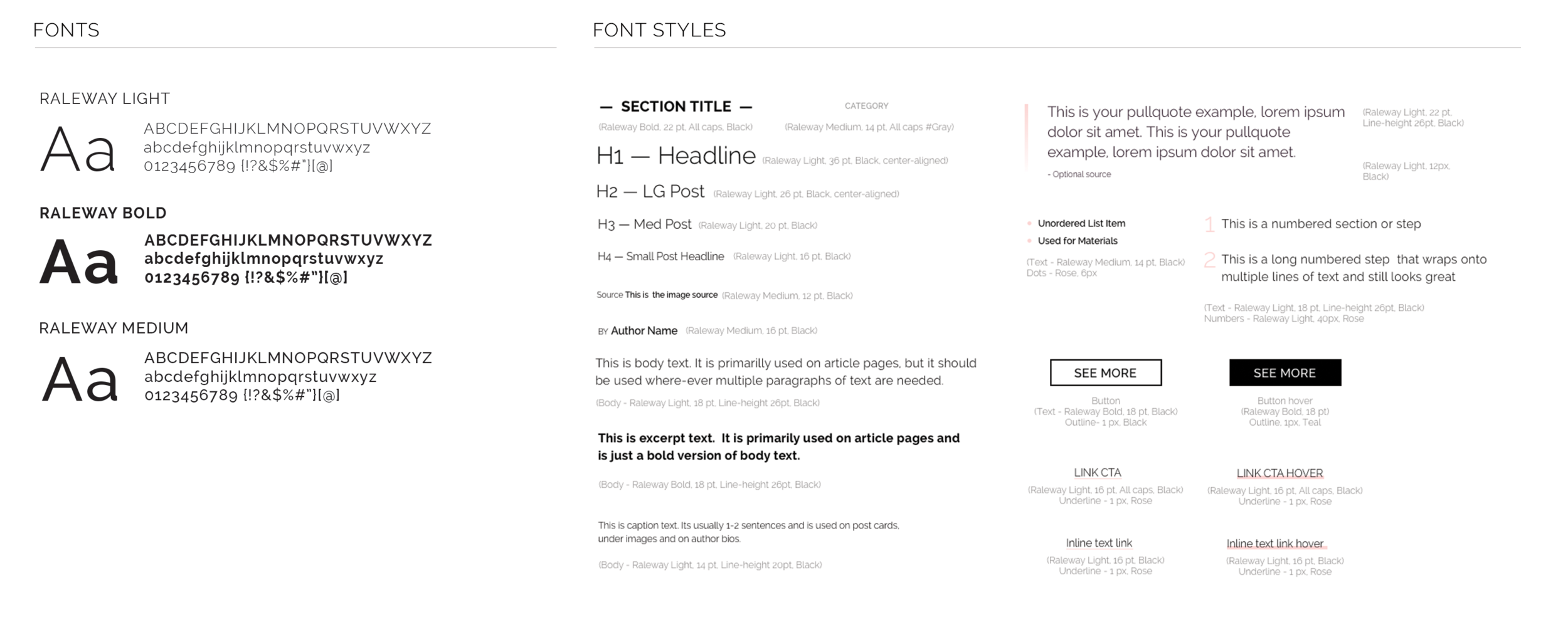 Sample of the key text styles used in the design. Fonts on the site were limited to three weights of the font Raleway, Light, Medium and Bold.