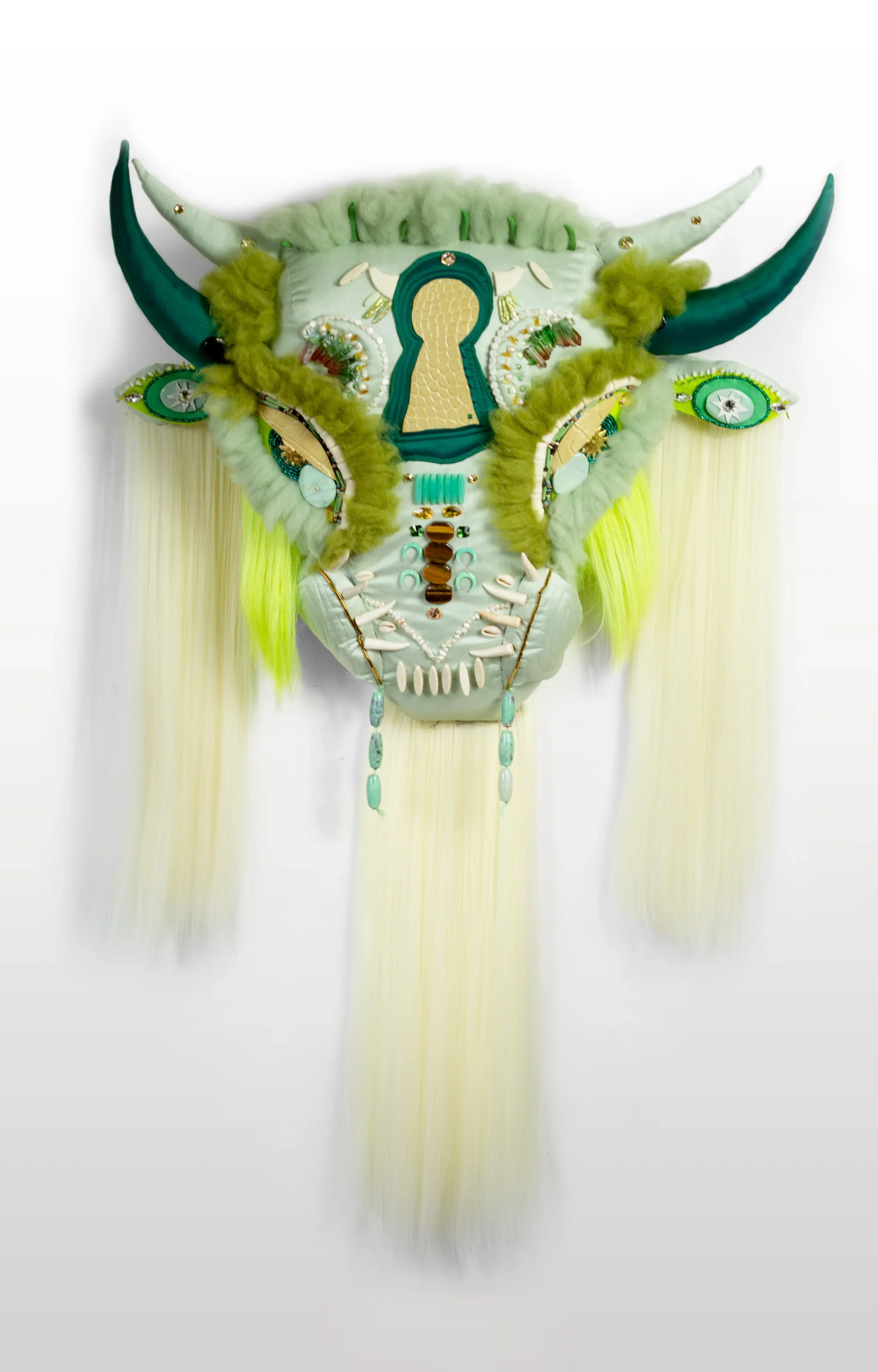   'BLONDE' 2025   63CM X 105CM X 15CM  PLASTER, WOOL, TIGERS EYE, SYNTHETIC HAIR, CRYSTAL BEADS, LEATHER, GLASS BEADS, WIRE, SILK .  Available for purchase  Enquire  here  