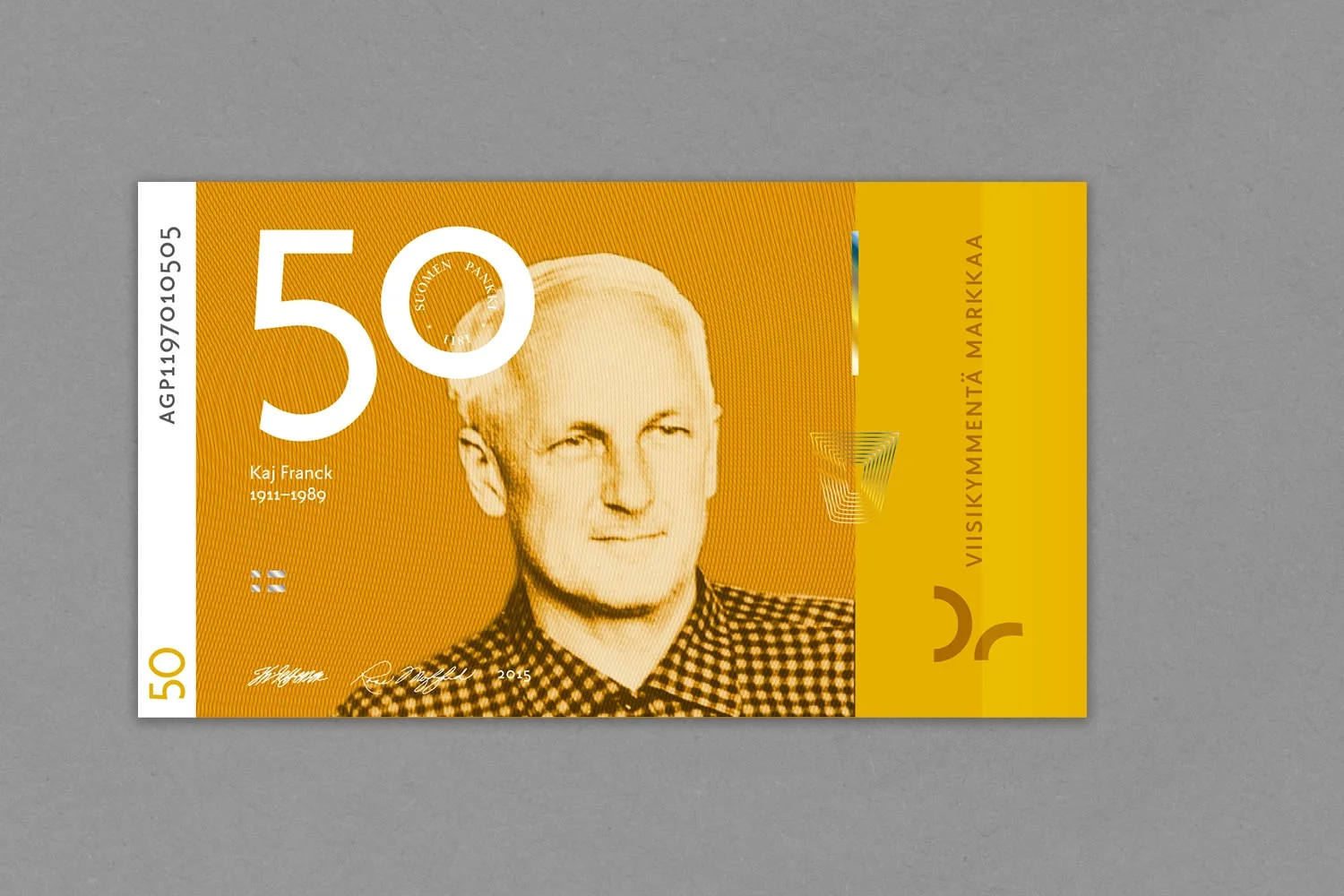 Viidenkymmenen markan setelissä arkkitehdin sijaan muotoilija Kaj Franck .