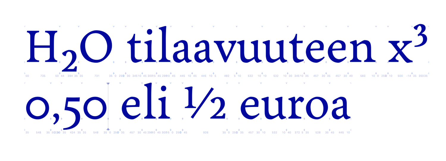 Esimerkkejä ala- ja yläindeksinumeroista sekä murtoluvusta.