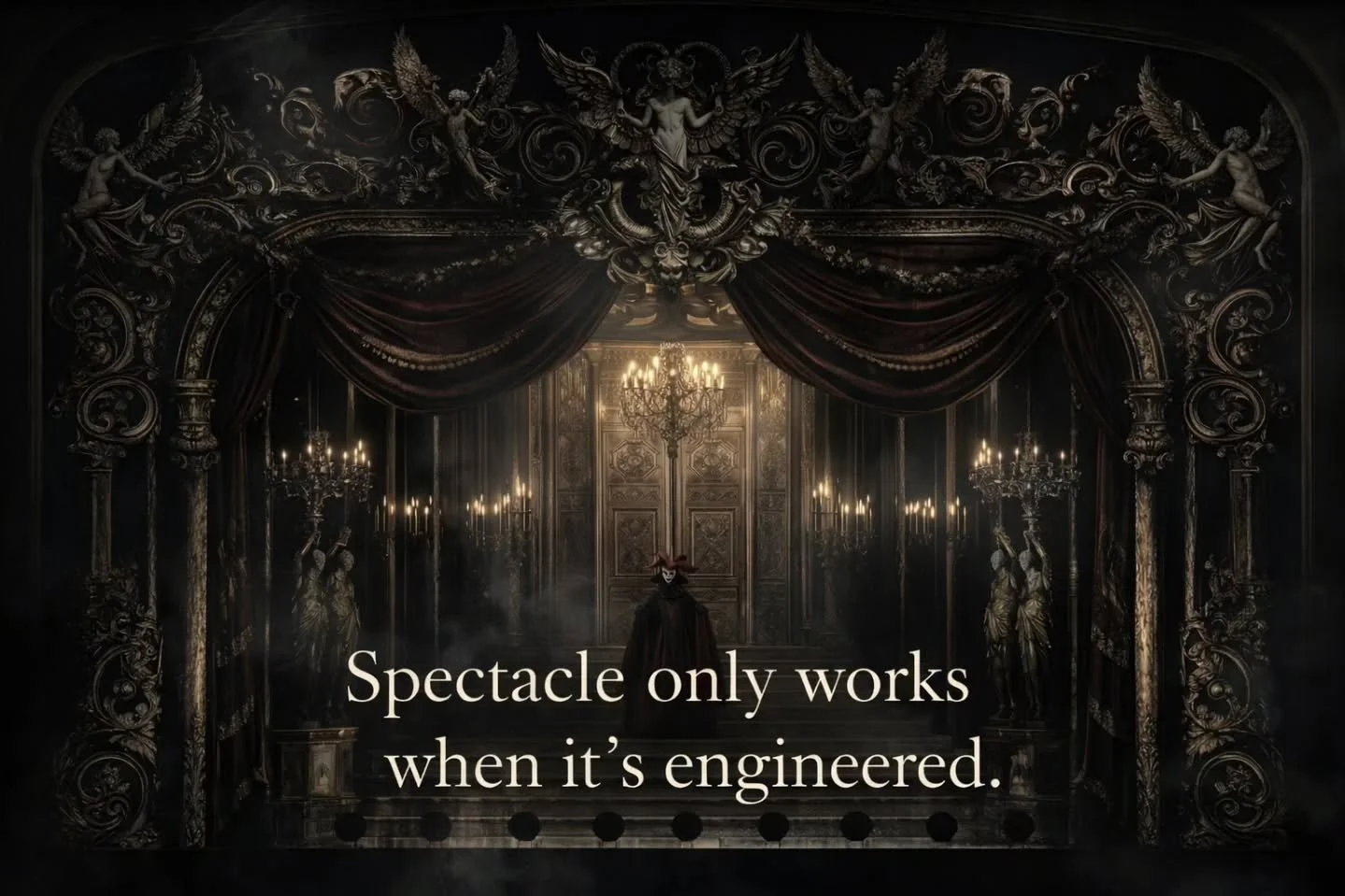 Masquerade should feel excessive.
But excess without control is just noise.

The fantasy only survives because it&rsquo;s engineered.

Ornament masks structure.
Mirrors disguise machinery.
Every flourish carries weight, clearance, timing.

Spectacle 
