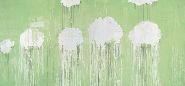 Cy Twombly, Untitled (Peony Blossom Paintings) . Acrílico, lápis de cera e lápis de cor sobre madeira, 252 x 552 cm. 2007.