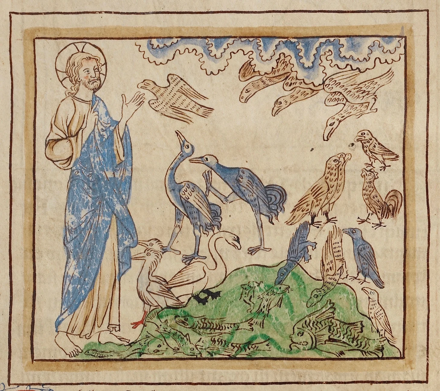 A criação das aves e dos peixes (detalhe), Bestiário Northumberland (Inglaterra, c. 1250-60), ms. 100, fol. 3r. The J. Paul Getty Museum, Los Angeles