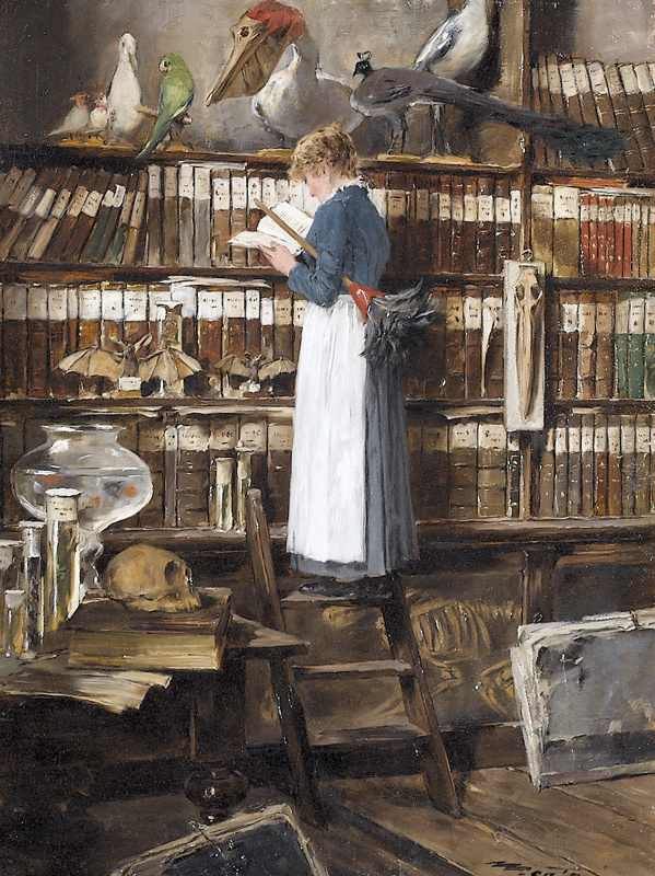 Edouard John Menta, Lesendes Dienstmädchen in einer Bibliothek , 1915. 