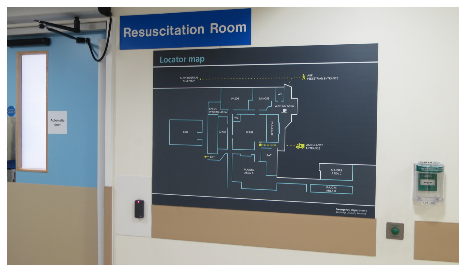  A locator map shows patients where key areas of the A&amp;E department are located. 