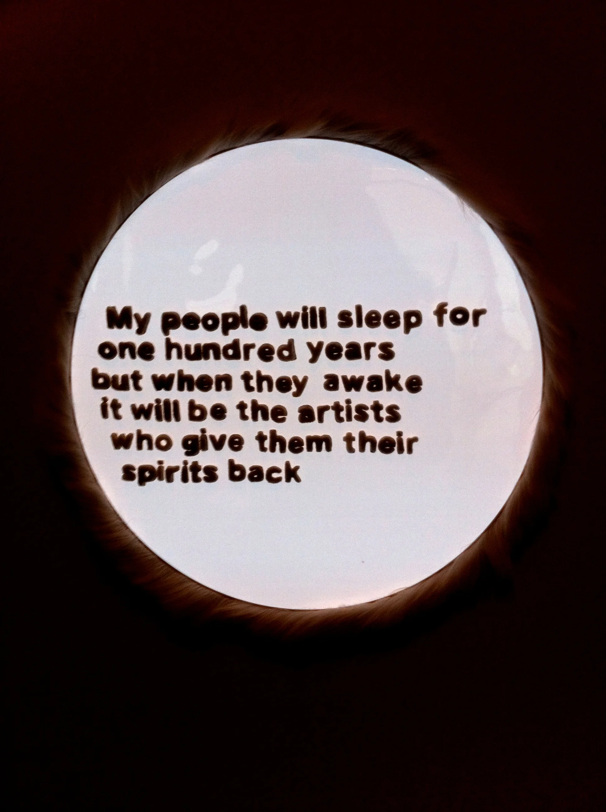 A piece in the large-scale art installation called kayâs-ago by aboriginal artist Amy Malbeuf. The work is made out of caribou tufted text elements on illuminated panels. 