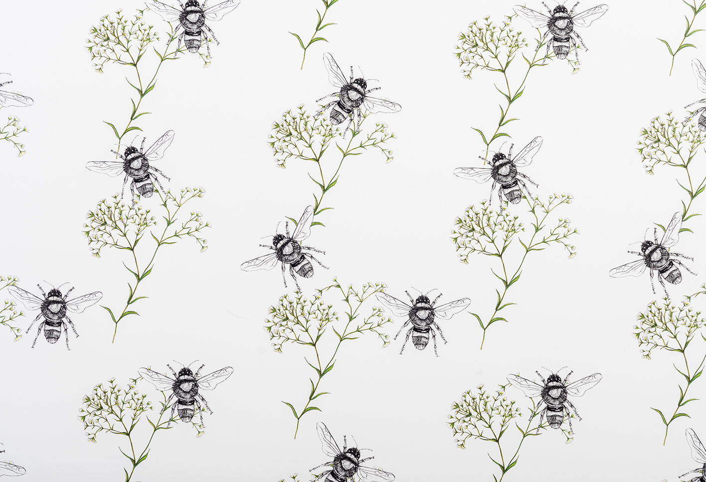 Bee and Gypsophila White luxury wallpaper — Rachel Reynolds