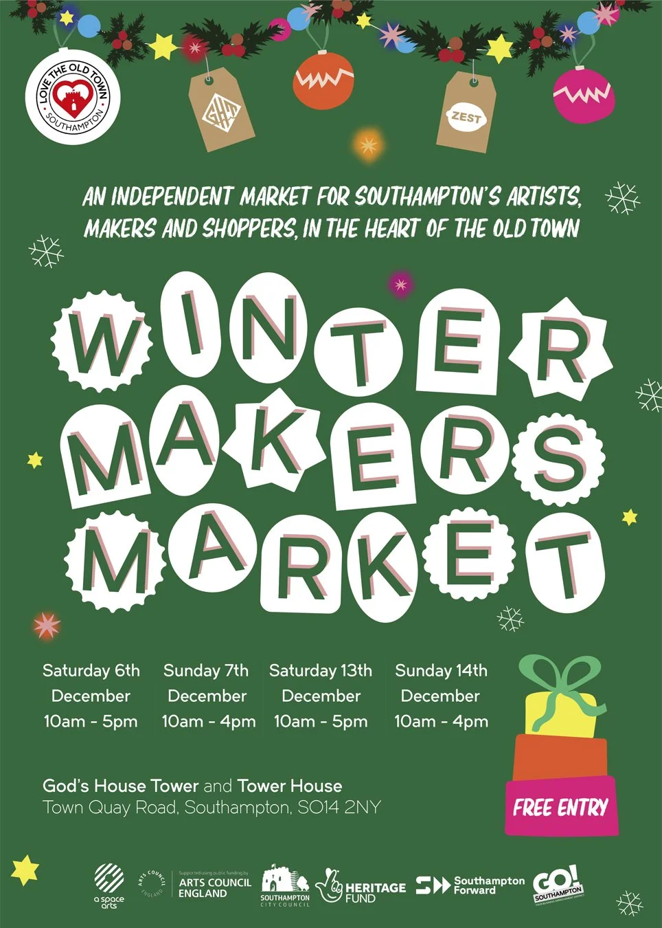 Bright green poster with Christmas decorations advertising the makers market.
