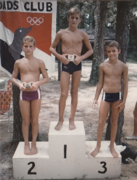 Young 1972 swimmers at the Dad’s Club who later (1980-84) developed into nationally recognized swimmers as they progressed through age group swimming from a very young age. Left to right: Scott Knapp, Ricky Bodor, and Larry Craft.