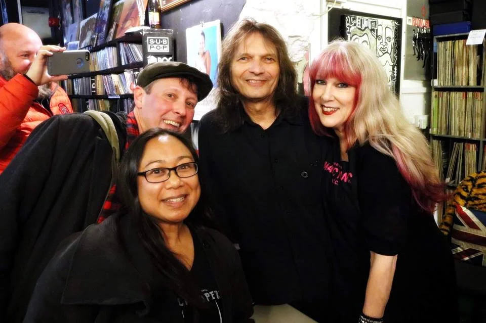 At Swordfish Records with Dylan Hillerman of Portland, Oregon who does a show called Shock Opera about the Alice Cooper group with an all female cast. Yes, that's Chris Penn of Good Records in Dallas, Texas in the red jacket. Photo by Patrick Brzezinski.