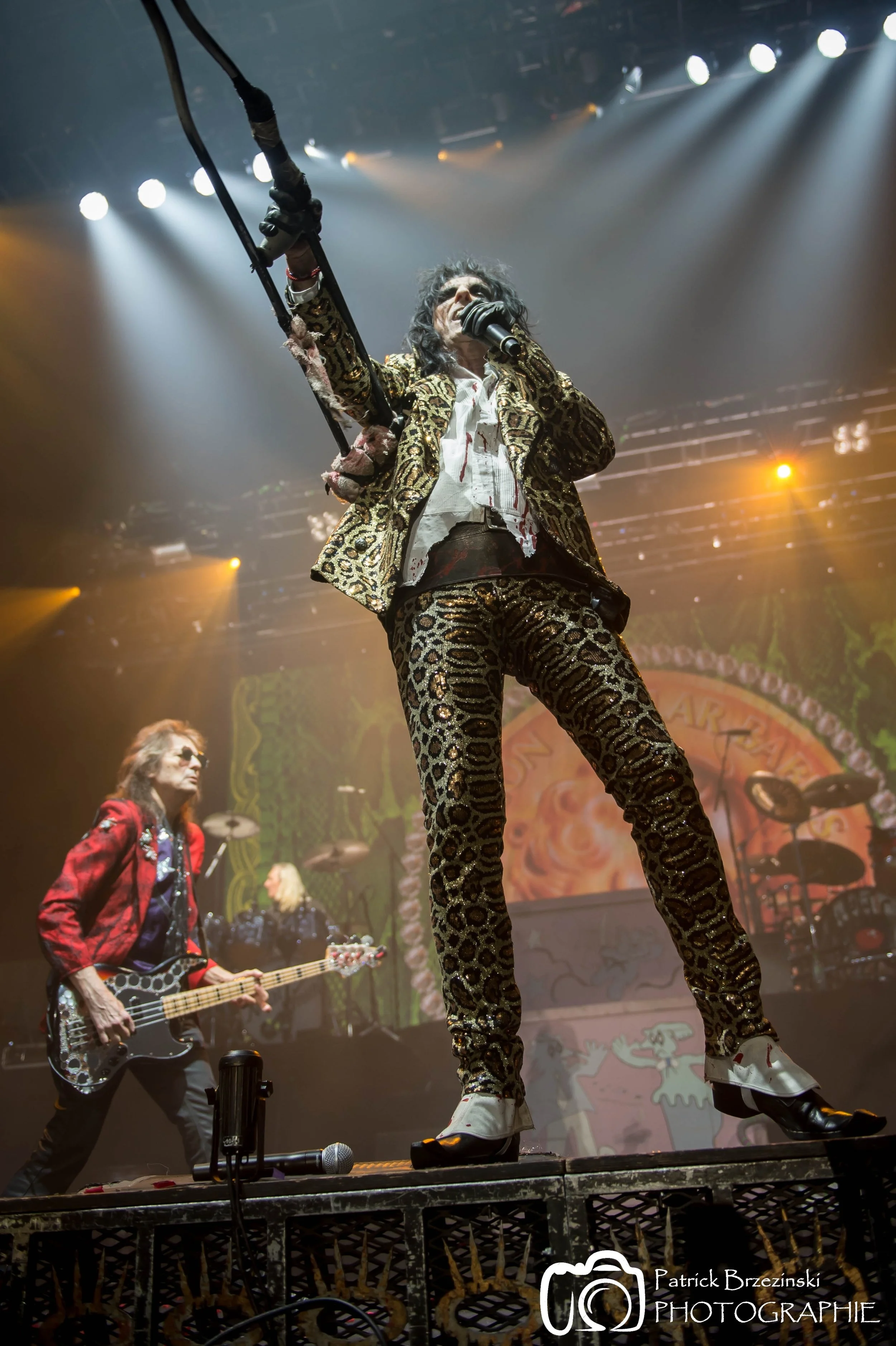 Alice with the dreaded crutch and Neal thundering through the stage monitors. Photo by Patrick Brzezinski.
