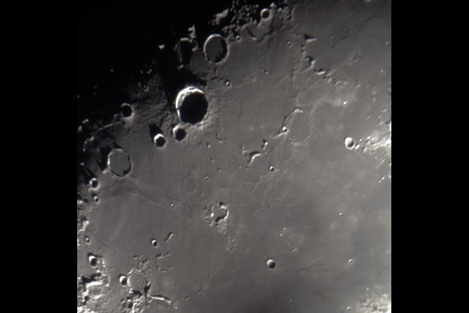   Cole captured this image of the lunar crater Bullialdus with his iPhone 4s from the 60-inch telescope at Mount Wilson Observatory. (ART COLE)  