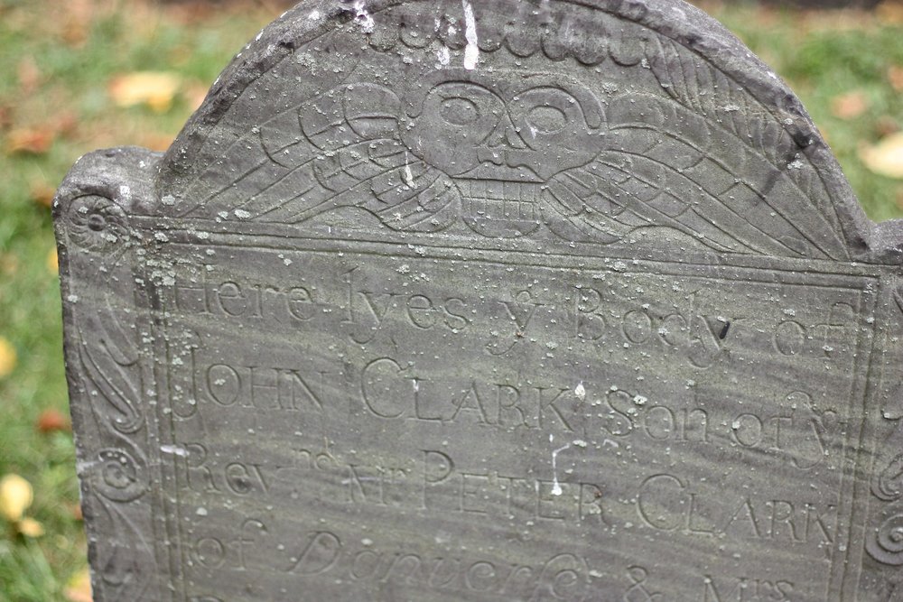  'Here lyes y body' - Detail of a gravestone in the Granary Burying Ground in Boston. (JOHN McPHEE)&nbsp; 