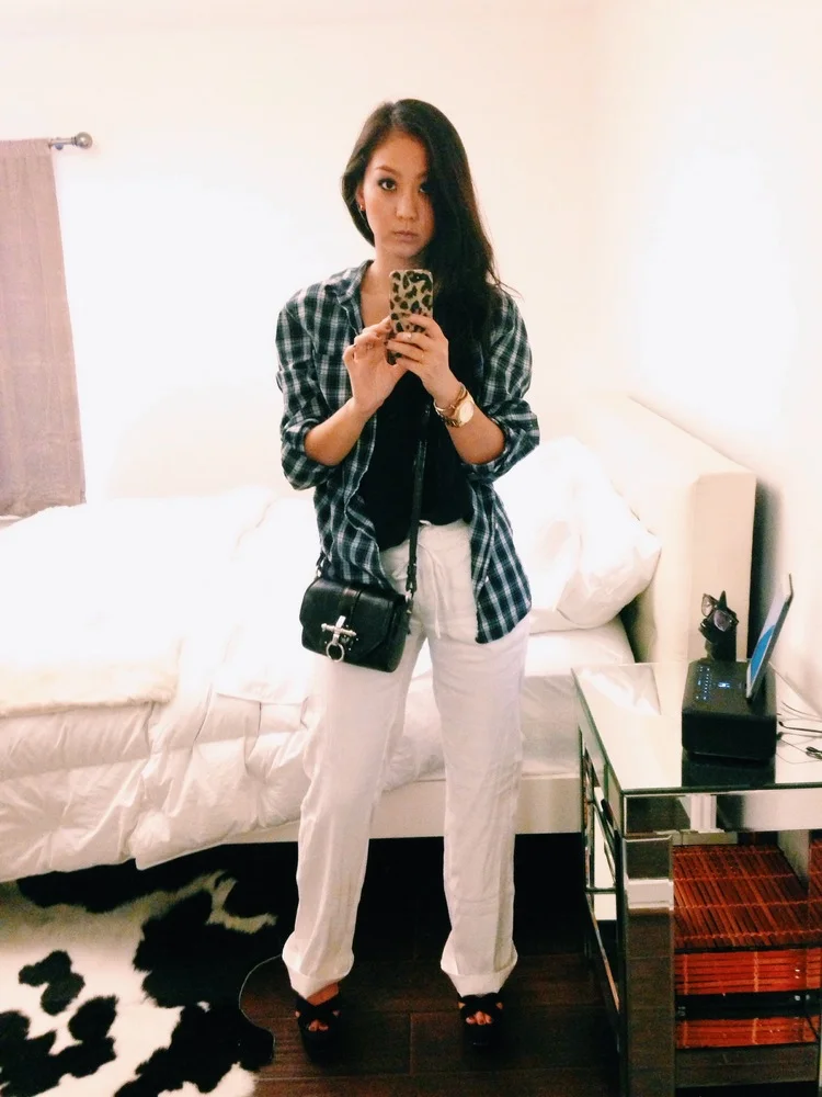 LEVI'S men’s plaid shirt / ANN TAYLOR wide-leg pants / TOPSHOP suede wedges / Givenchy Obsedia purse
