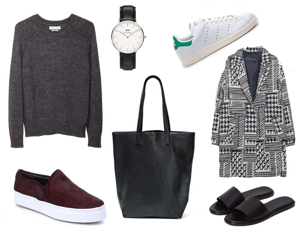 ISABEL MARANT ÉTOILE raya raglan pullover / S & S Schutz Amisha slip-on sneakers / DANIEL WELLINGTON classic Sheffield lady watch / BAGGU basic tote / ADIDAS Stan Smith shoes / ZARA houndstooth wool coat / WOMAN BY COMMON PROJECTS slide sandals