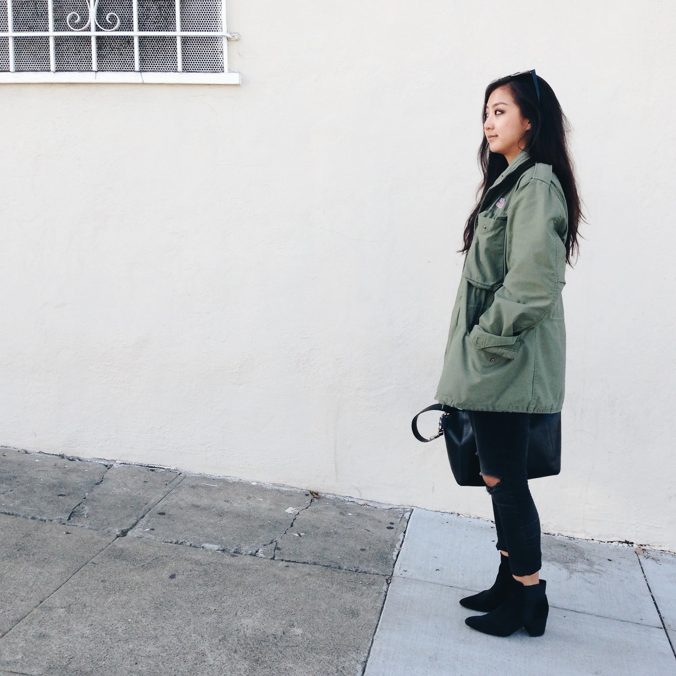 VINTAGE military jacket / GAP jeggings / GIVENCHY Antigona tote / ZARA ankle boots / REFORMATION Enya dress