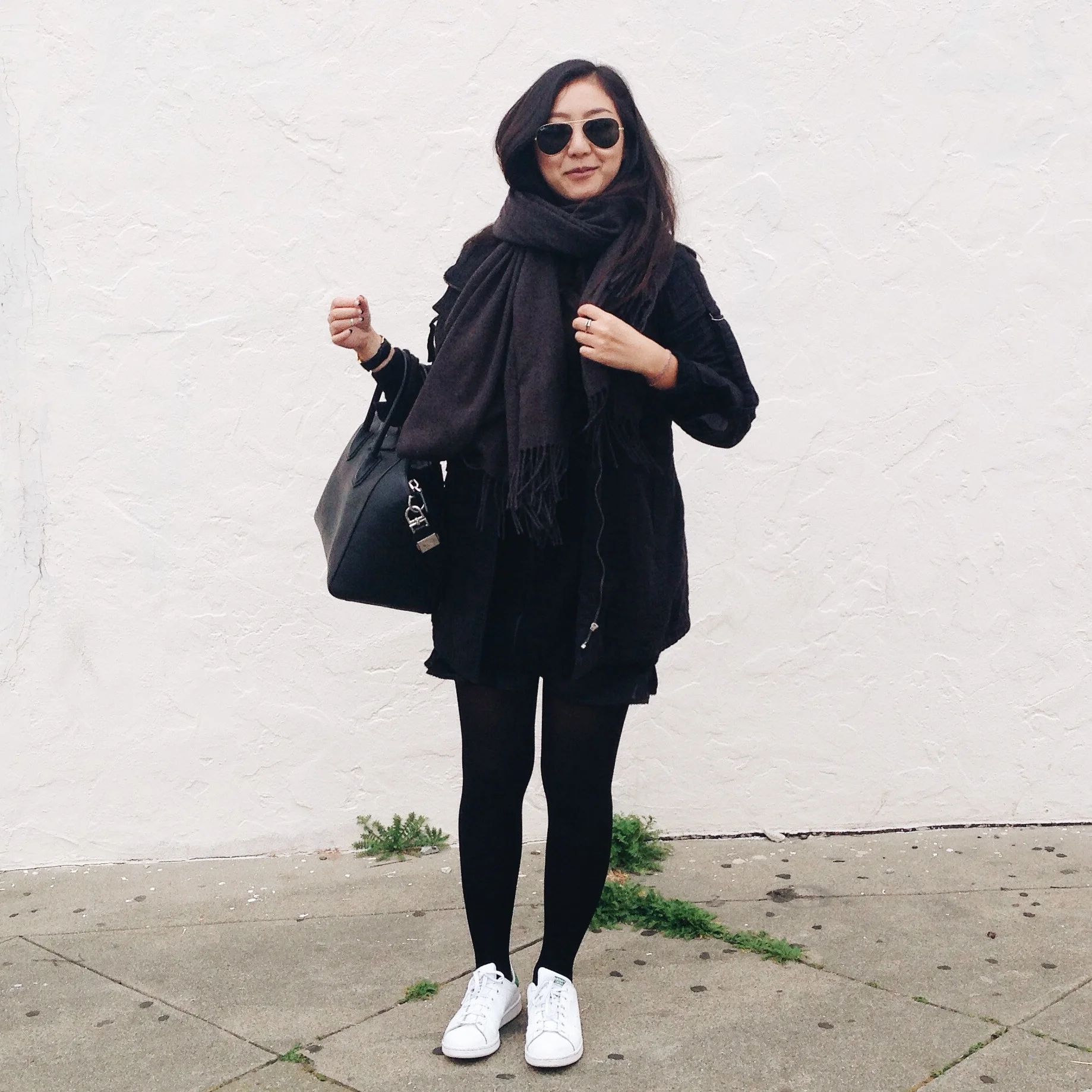 JCREW Brooklyn Eagles ball cap / URBAN OUTFITTERS parka / GIVENCHY Antigona tote / ADIDAS Stan Smith sneakers