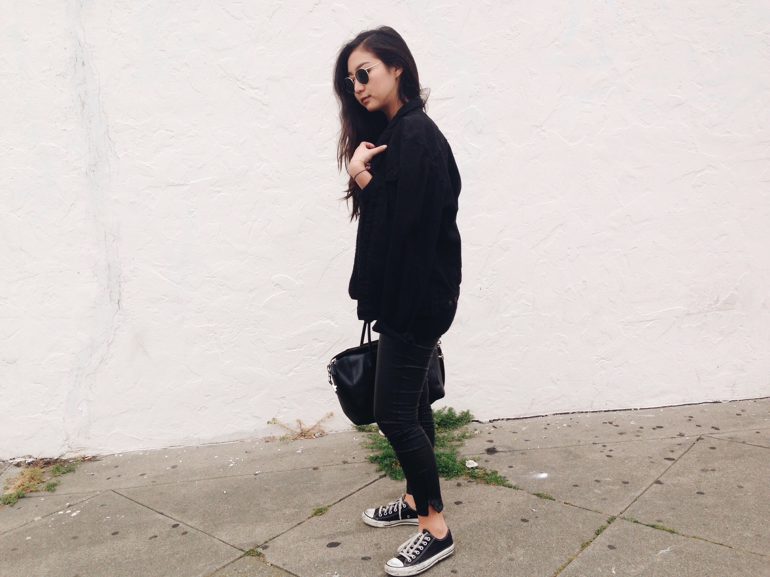 ZARA black denim jacket (from men's section) / BLANK DENIM vegan leather leggings / CONVERSE sneakers / REFORMATION Jetty dress