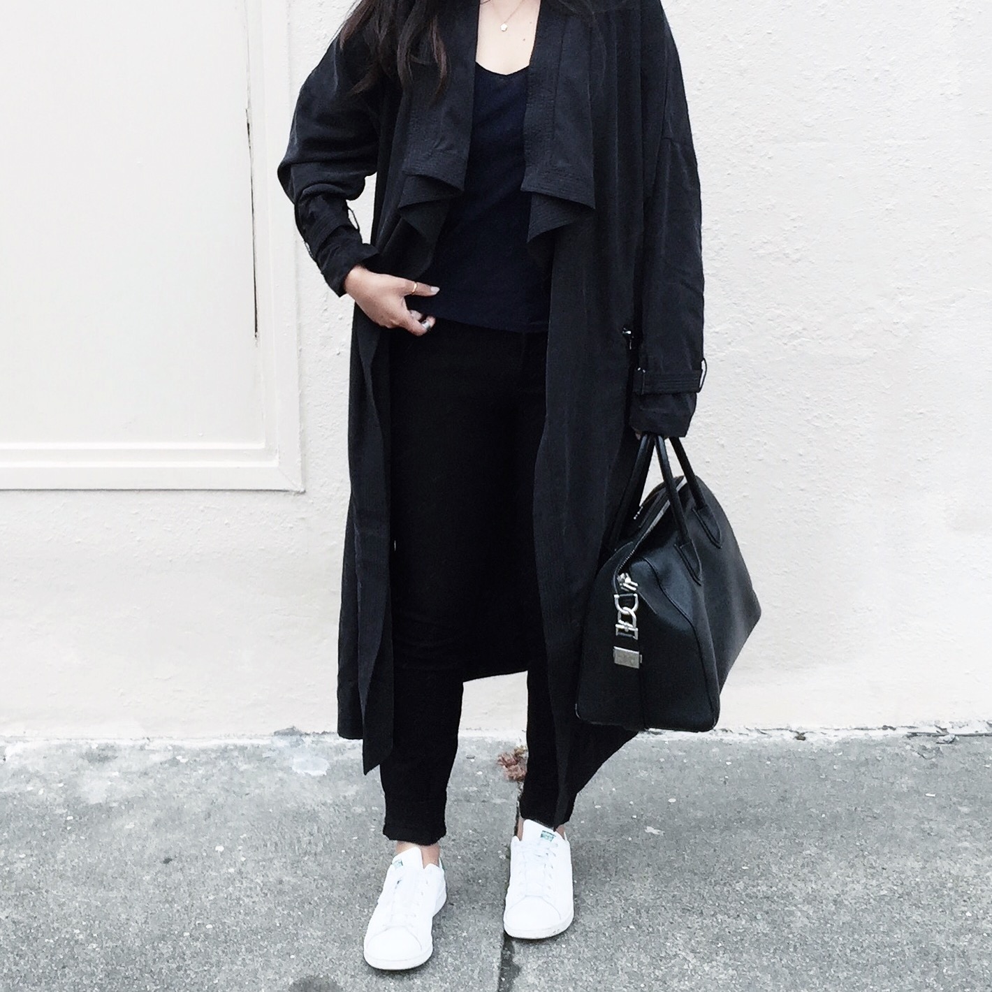 ZARA trenchcoat / ADIDAS Stan Smith sneakers / J.CREW silk cami 