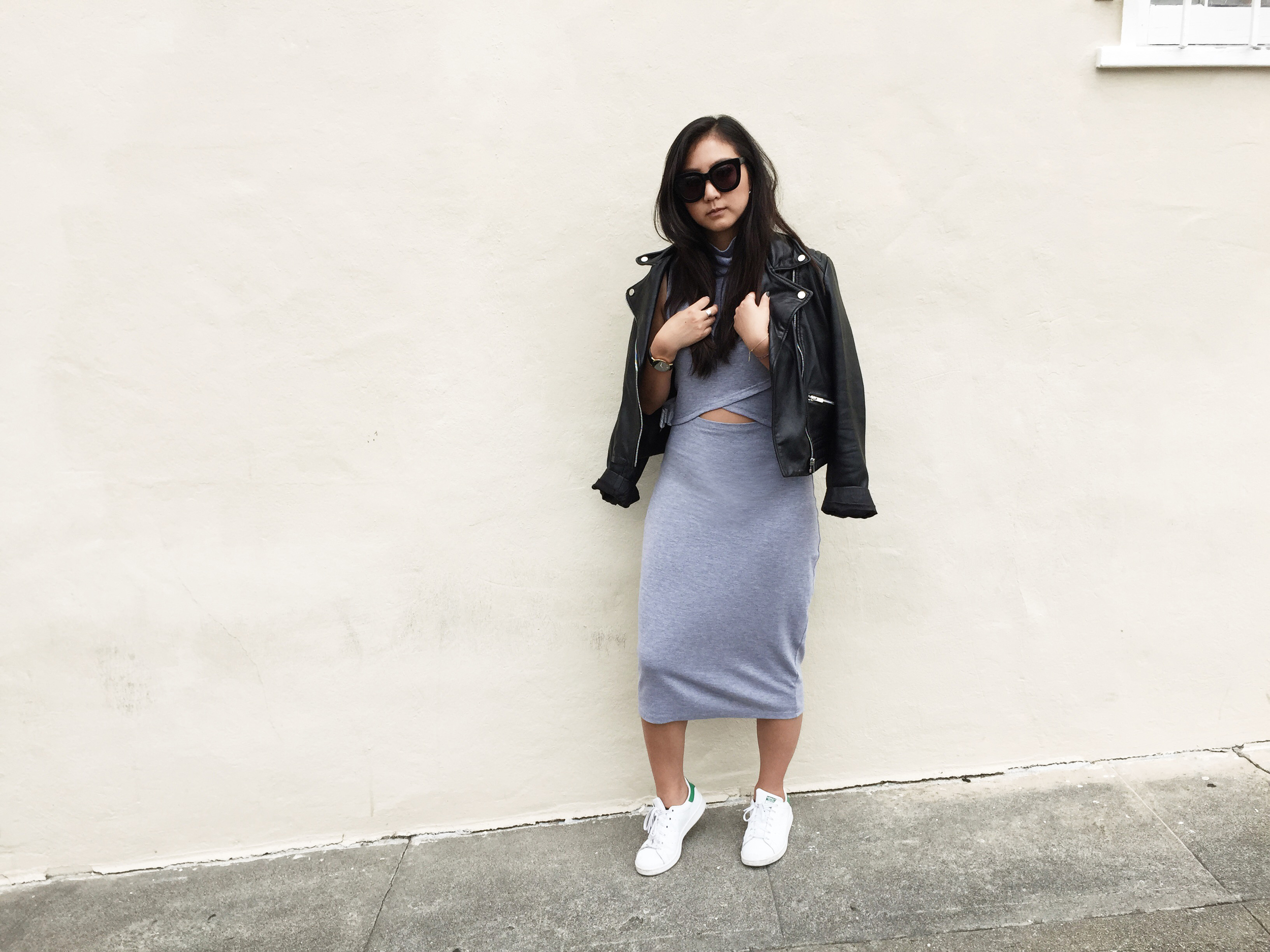 THE FIFTH LABEL dress / ADIDAS Stan Smith sneakers / MANGO leather jacket / RUE GEMBON ear cuff