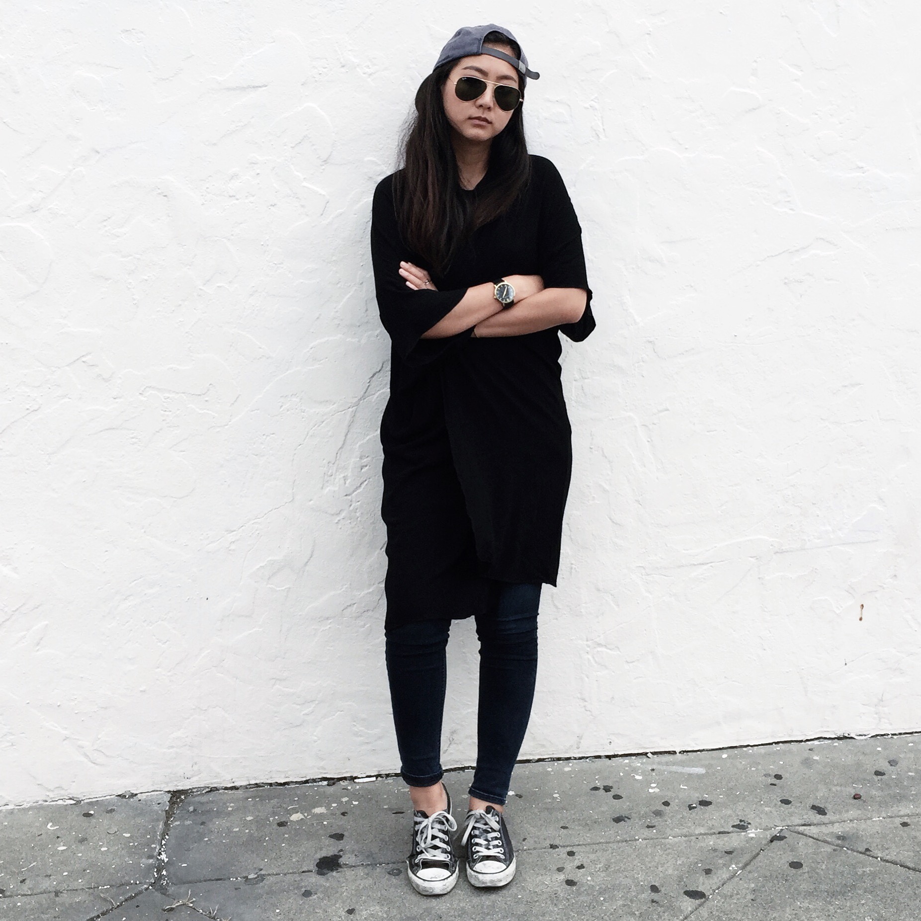 OAK + FORT kimono / JCREW Brooklyn Eagles ball cap / ACNE STUDIOS Skin 5 deep skinny jeans / CONVERSE sneakers