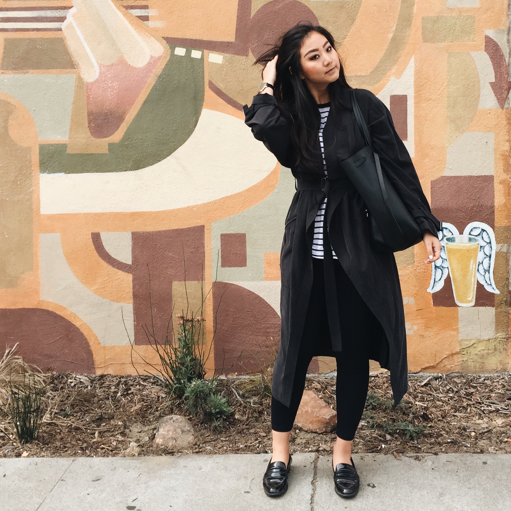 ZARA trench coat / DAVID LERNER leggings / ASH loafers / THE FIFTH LABEL striped tee