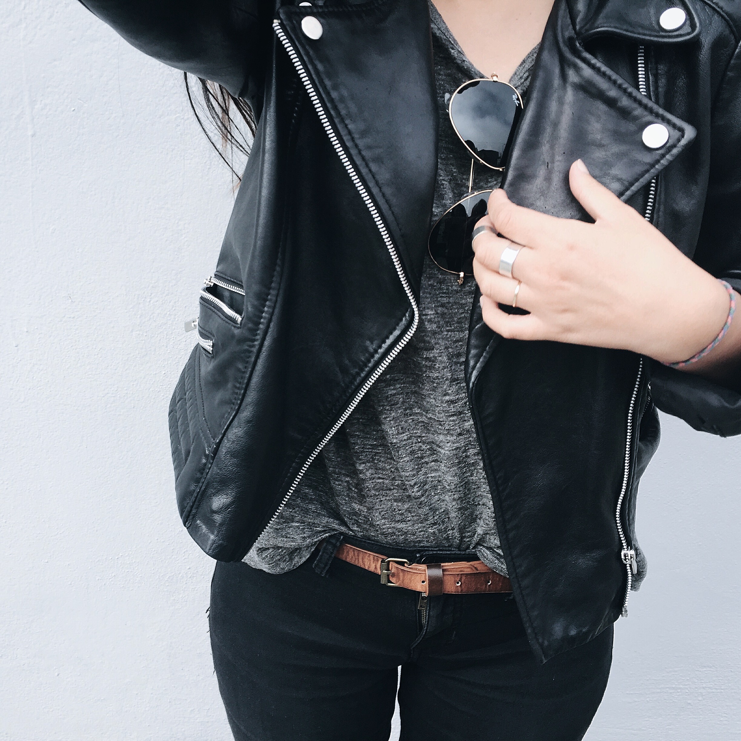 MANGO leather jacket / T BY ALEXANDER WANG tee / GAP jeggings / ADIDAS Stan Smith sneakers