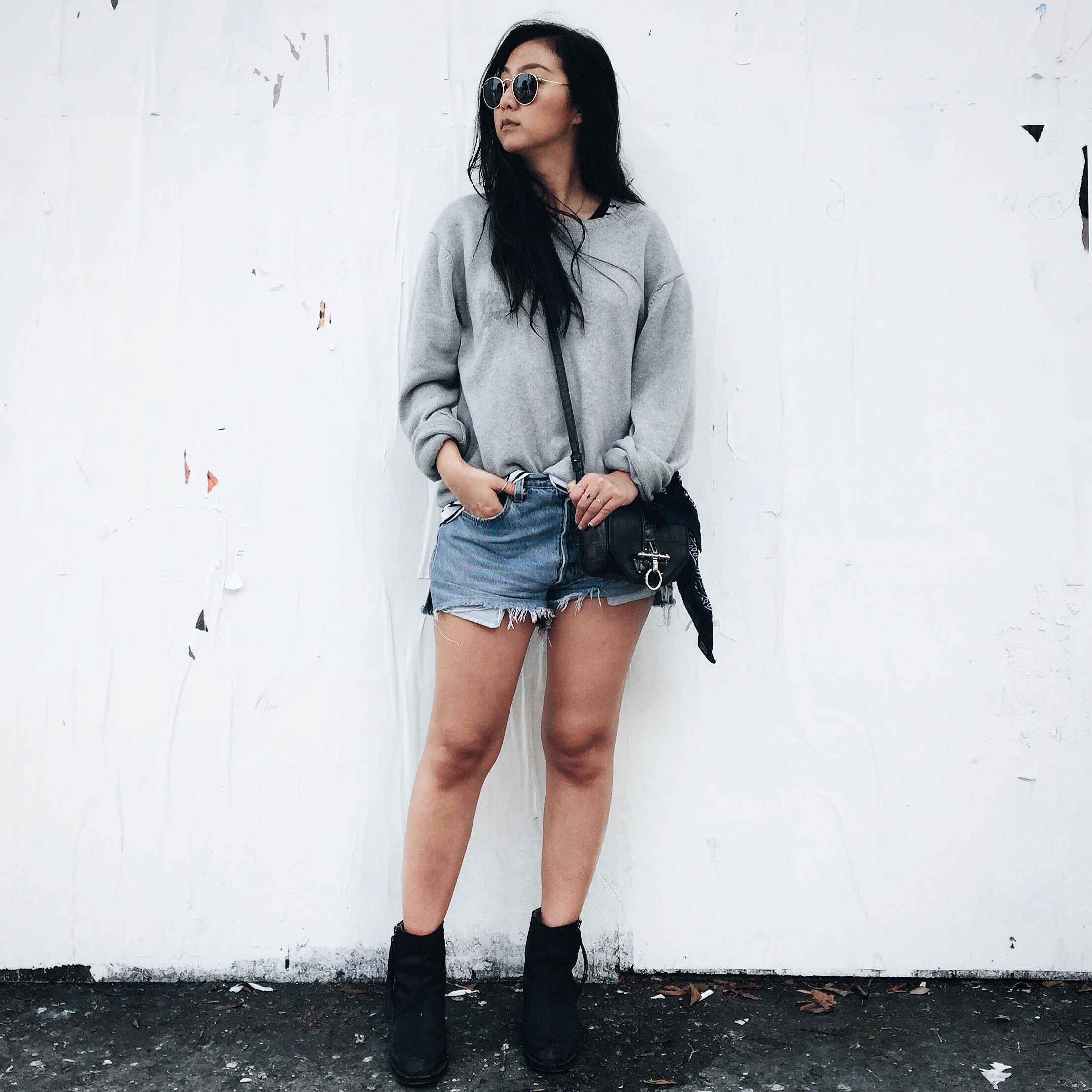 MUJI sweater / THE FIFTH LABEL striped tee / REFORMATION cut-off shorts / ACNE STUDIOS Pistol booties