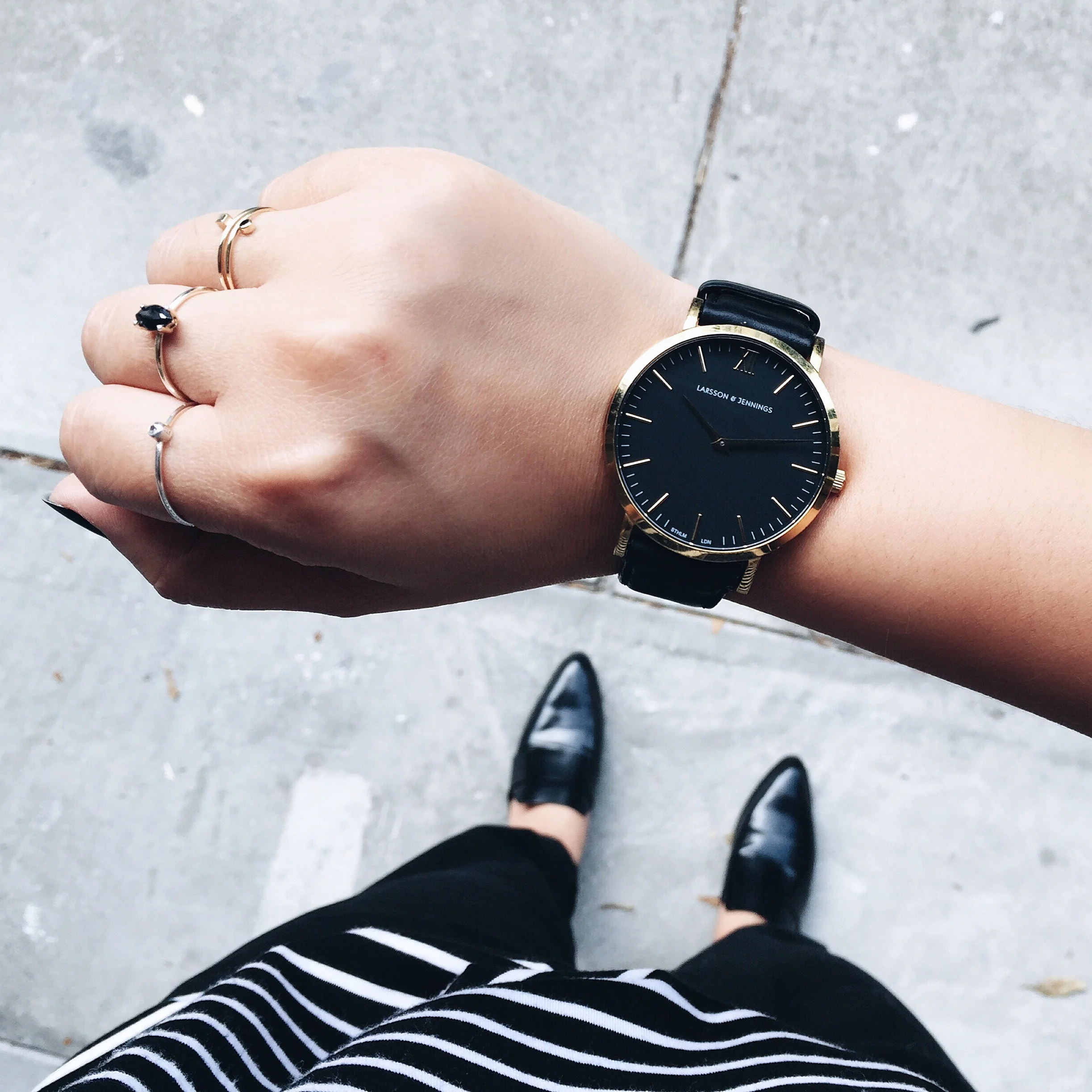 THE FIFTH LABEL striped tank / MANGO slingbacks & ADIDAS Stan Smith sneakers / LARSSON & JENNINGS watch / PDPAOLA rings / ZARA dress pants / custom-designed coat