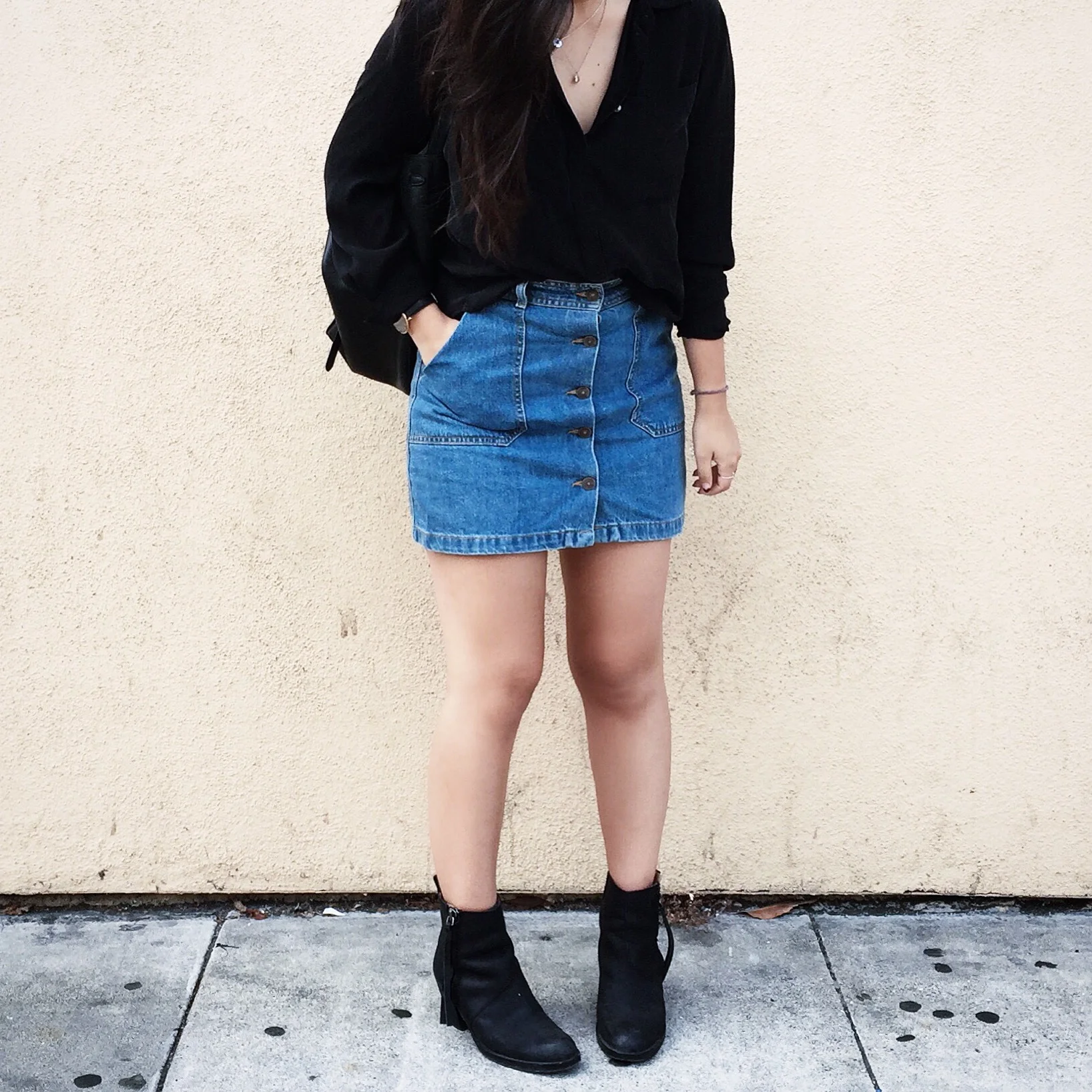 ZARA denim skirt / ACNE STUDIOS Pistol booties / J.CREW silk pocket blouse 