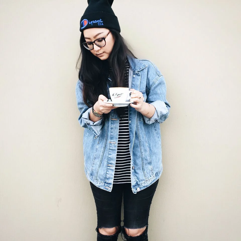 DIPSET beanie / WARBY PARKER Marcel glasses / THE FIFTH LABEL striped tank / ZARA denim jacket / GAP ripped jeans