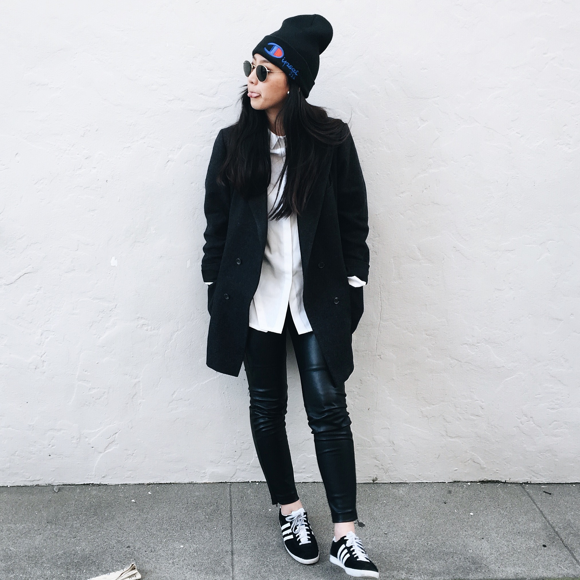DIPSET beanie / PROJECT WHITE ELEPHANT Riley shirt / H&M faux leather leggings / bespoke boyfriend blazer / ADIDAS Gazelle sneakers