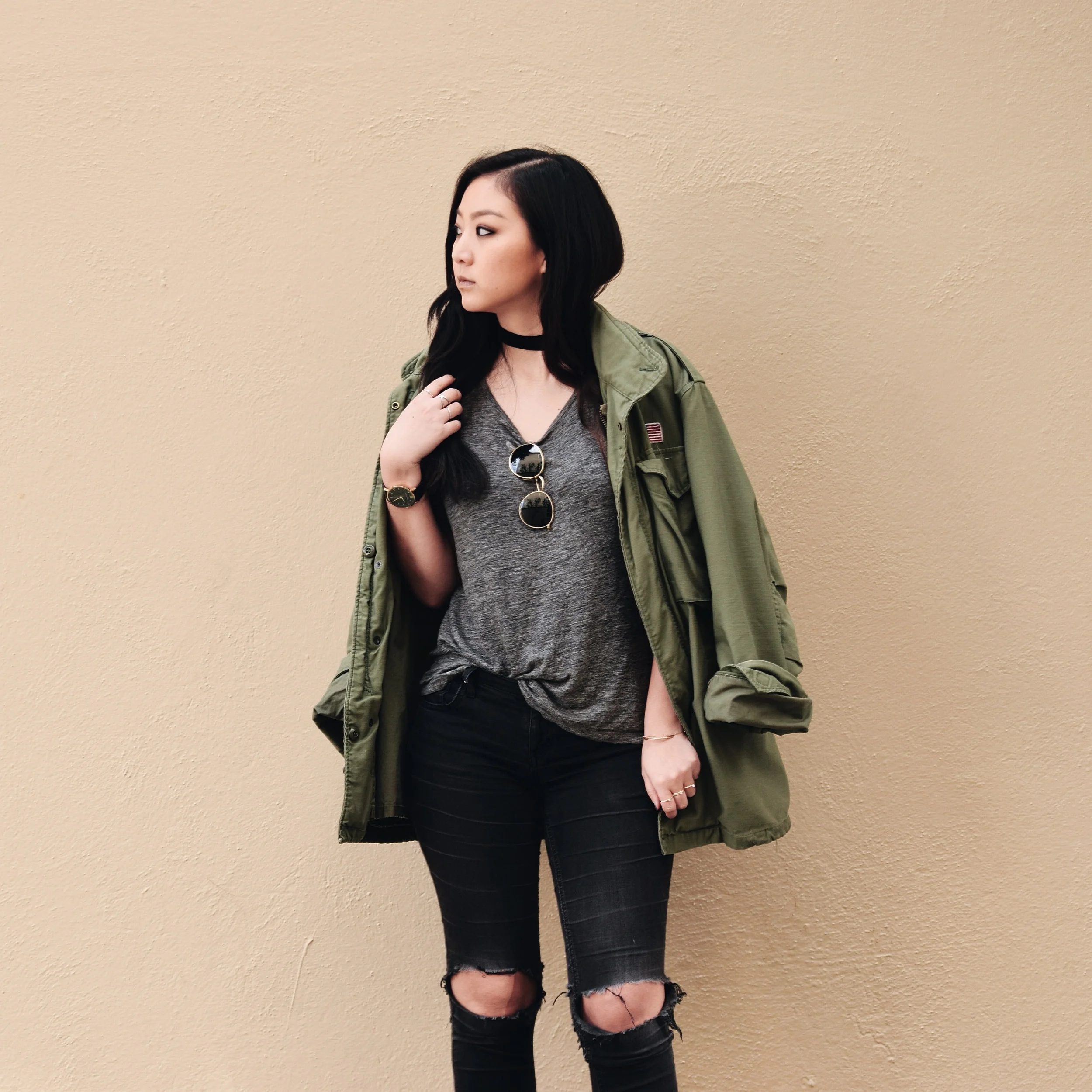 T BY ALEXANDER WANG tee / DIANA HO DESIGNS choker / GAP jeggings / vintage jacket