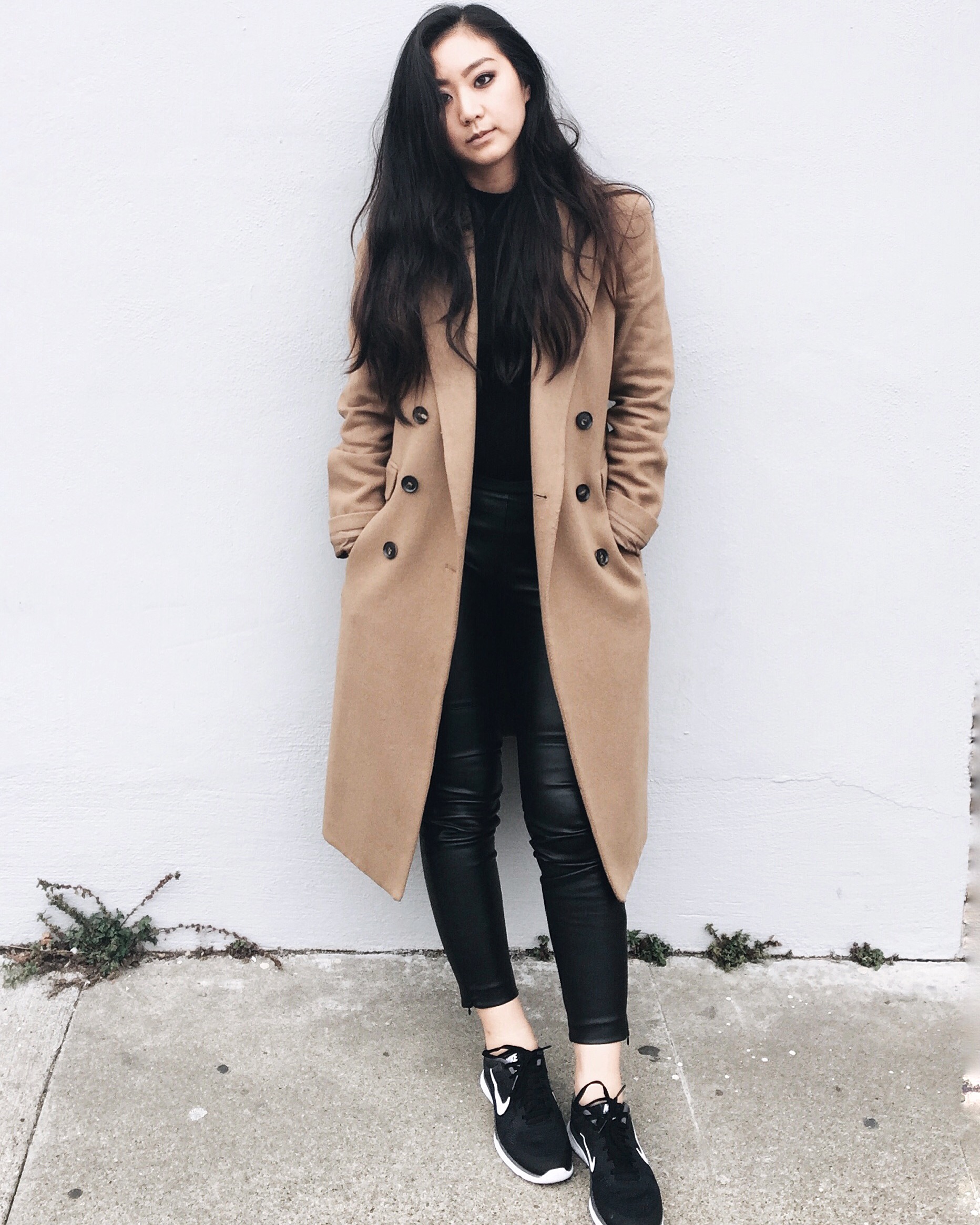 MANGO camel coat / H&M leather leggings / FREE PEOPLE turtleneck / NIKE sneakers