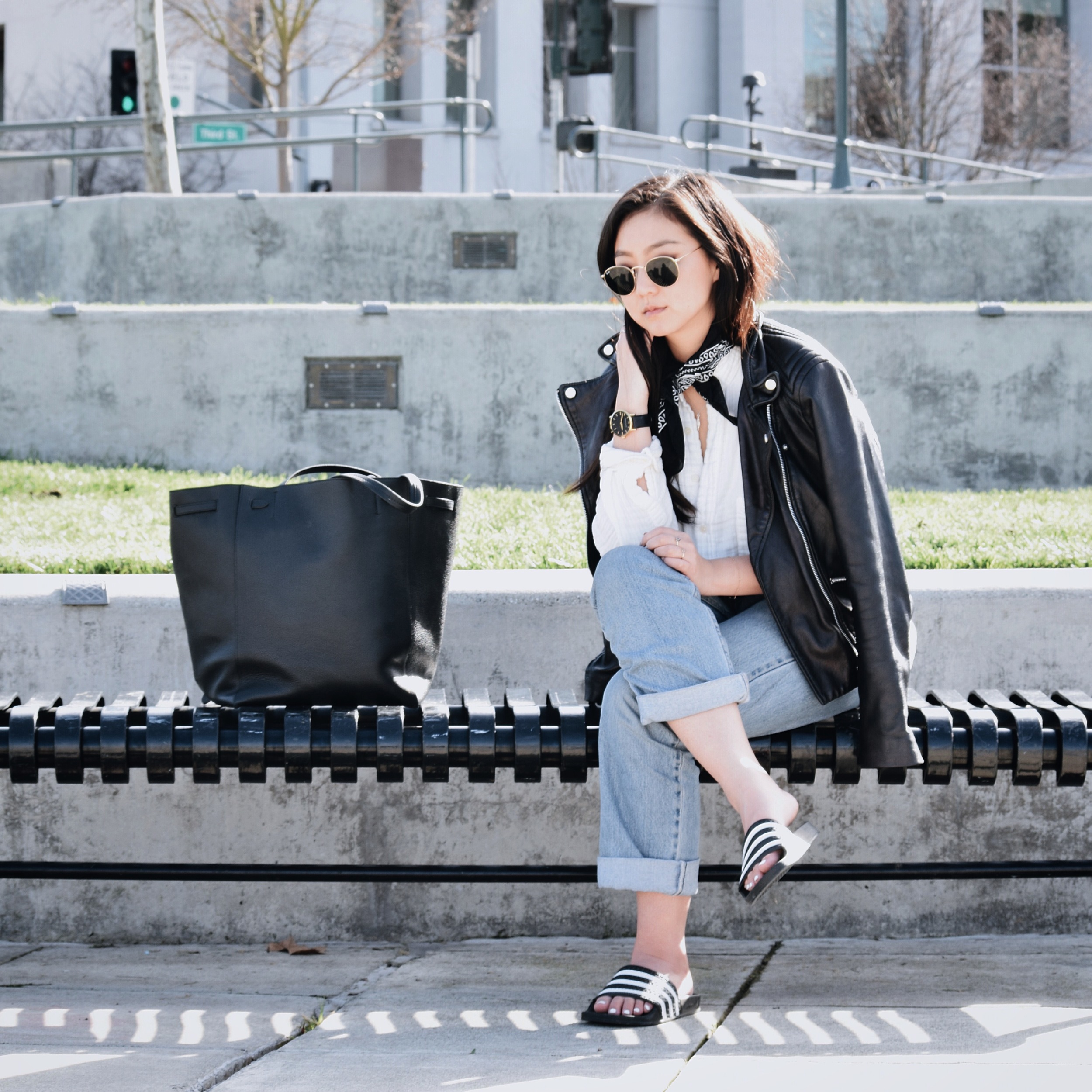 MANGO leather jacket (similar here ) / FREE PEOPLE shirt / LEVI's boyfriend jeans / ADIDAS slides