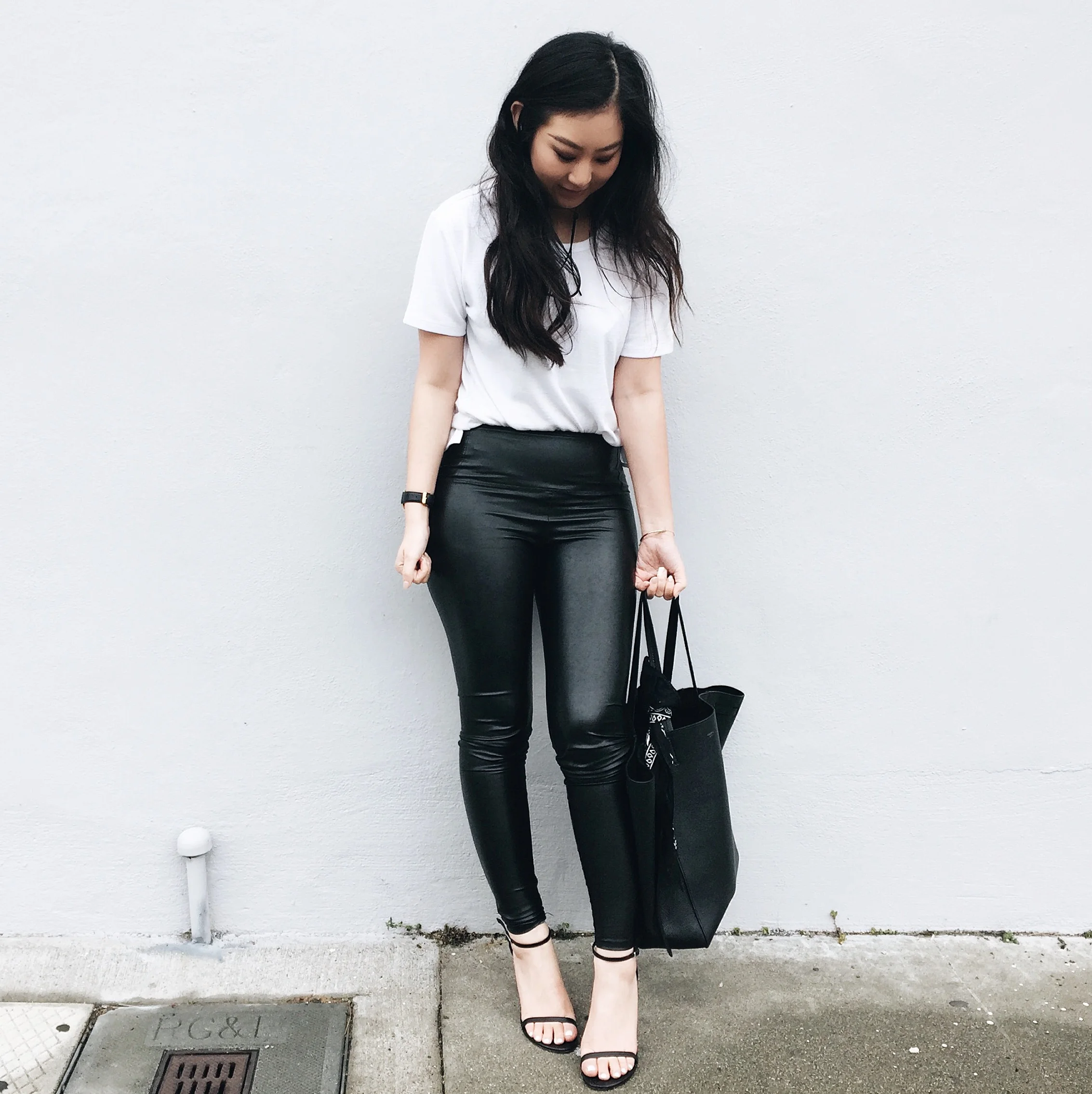 ARITZIA white tee / ARITZIA leather leggings / STUART WEITZMAN Nudistsong heels / CELINE Phantom tote / ZARA trench coat / NOMADICSTORE wrap choker (via Etsy)