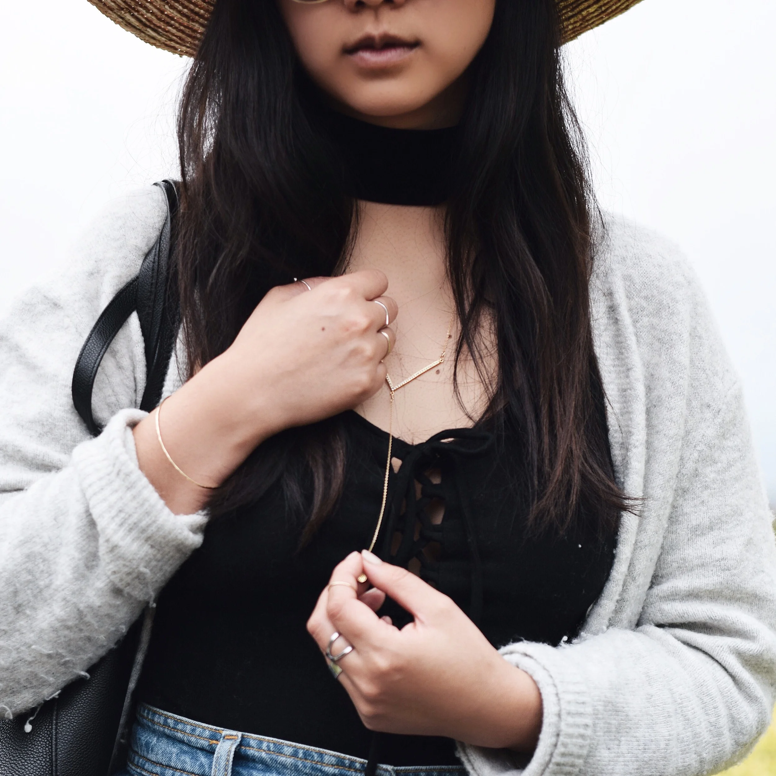 AZIL BOUTIQUE stacking ring , drop necklace , thin hammered cuff