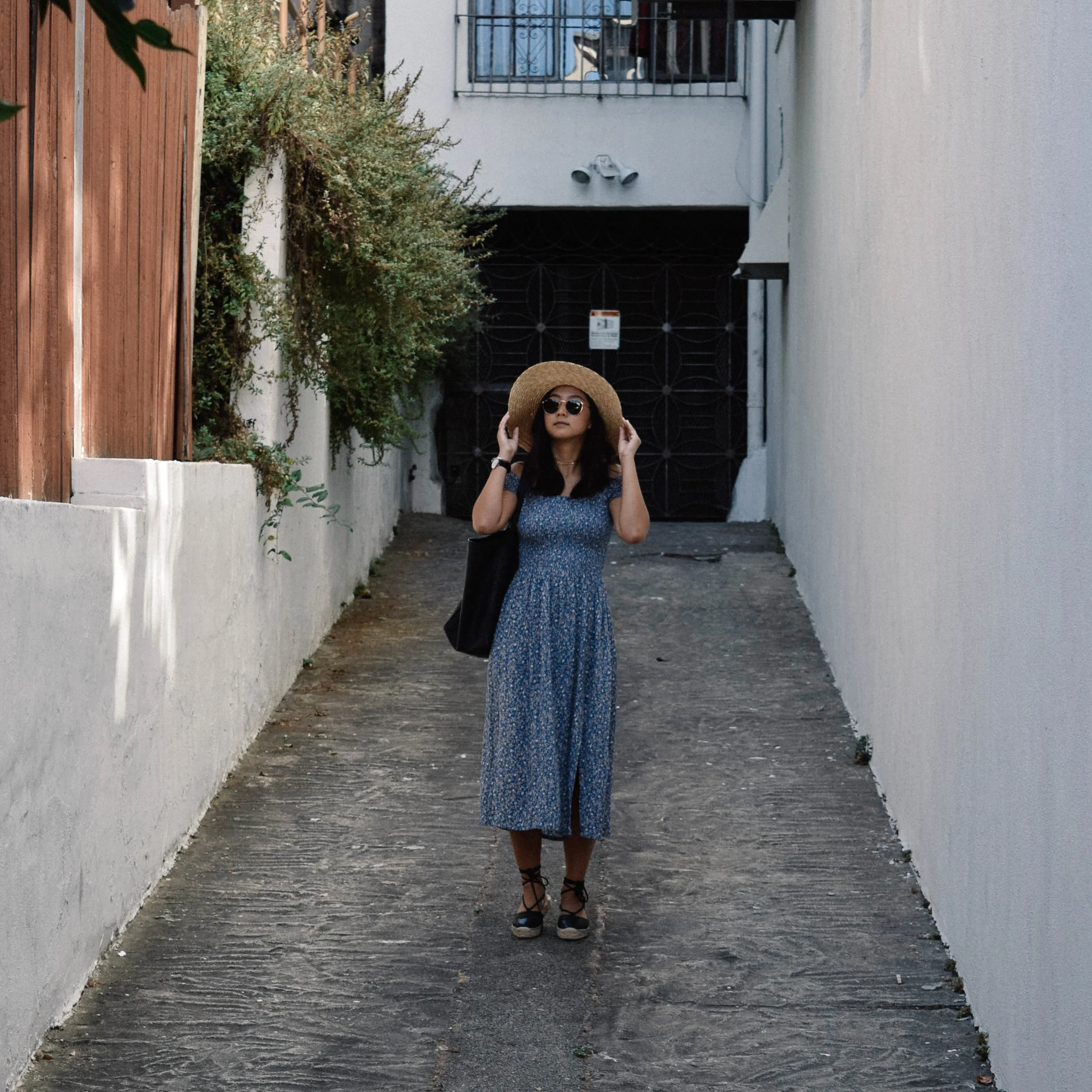 URBAN OUTFITTERS off-the-shoulder midi dress / FREE PEOPLE straw hat / SOLUDOS sandals
