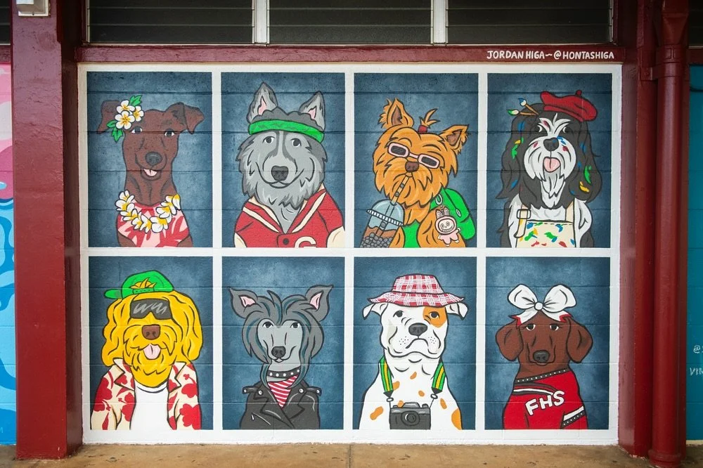 My first painted mural, &ldquo;Picture Day,&rdquo; for @worldwidewalls at Farrington High School 🐶🐕&zwj;🦺🐕🐩🦮📸

The yearbook-inspired design features a grid of eight playful pups, all sporting Farrington maroon. From the cheerleader Dachshund t