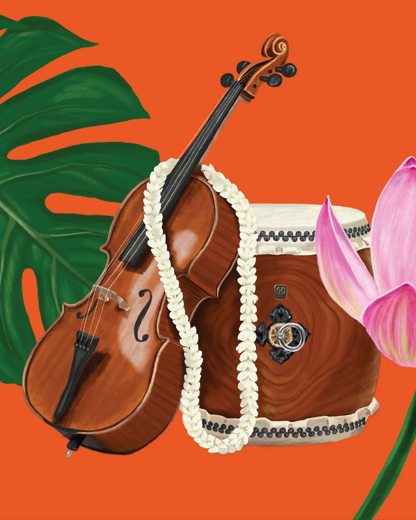 Illustrations and dry-media explorations for the visual world I&rsquo;m building for @hawaiicmf&rsquo;s upcoming gala, exploring an East-meets-West theme through musical and floral arrangements 🎻🪷🎼🪈