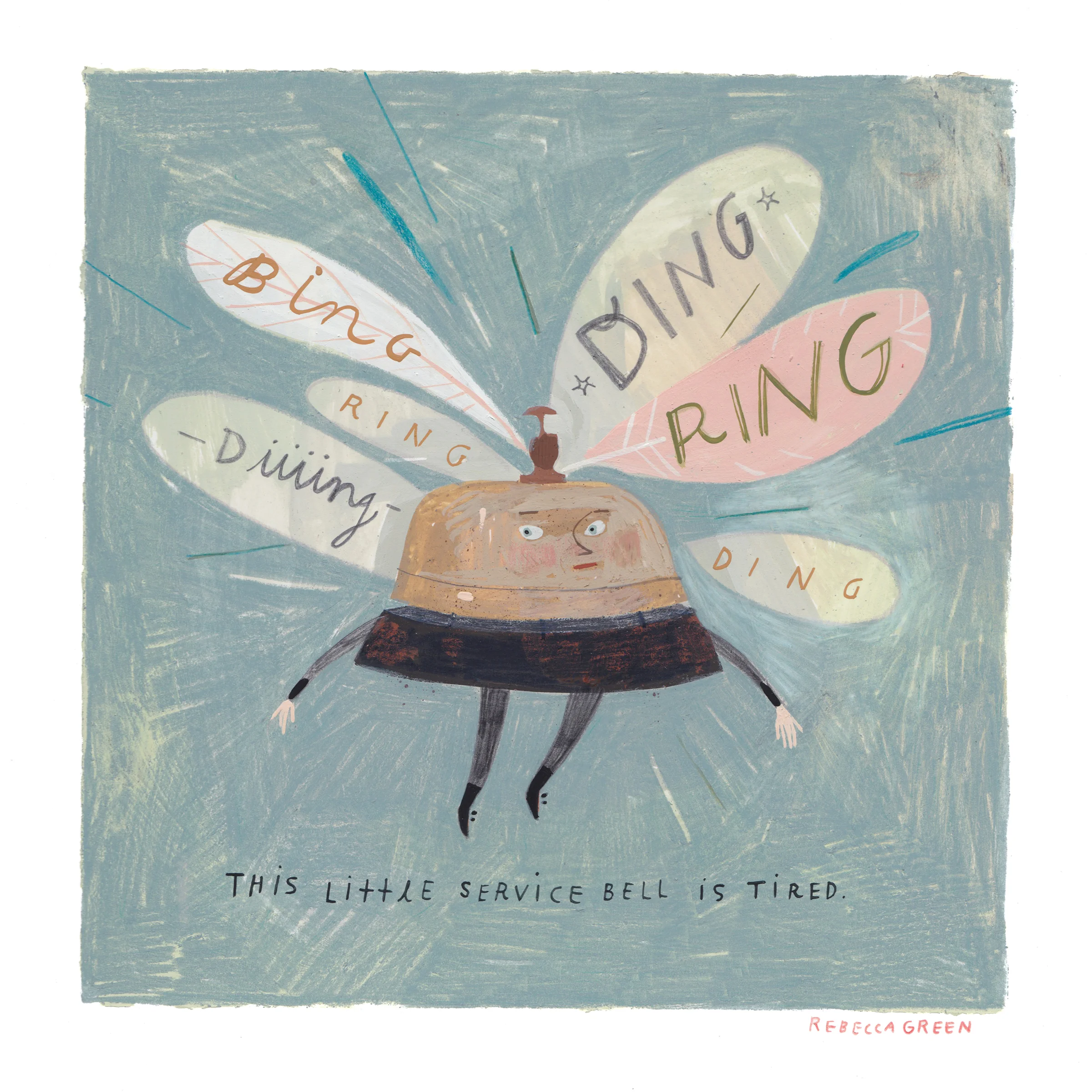 'The Service Bell' 8x8" Gouache and Colored Pencil on Paper. This piece is part of of the show, 'Paper Trail' which opens at Madelife in Boulder, CO tonight. 