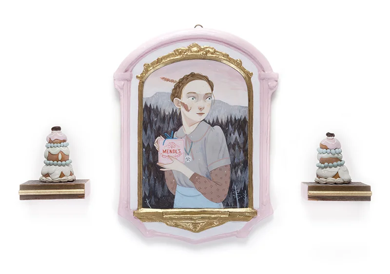 'Agatha' Acrylic, Wood, Clay, Lace BAD DADS VI: A Tribute to Wes Anderson, Spoke Art Gallery *photo by Bud Kibby