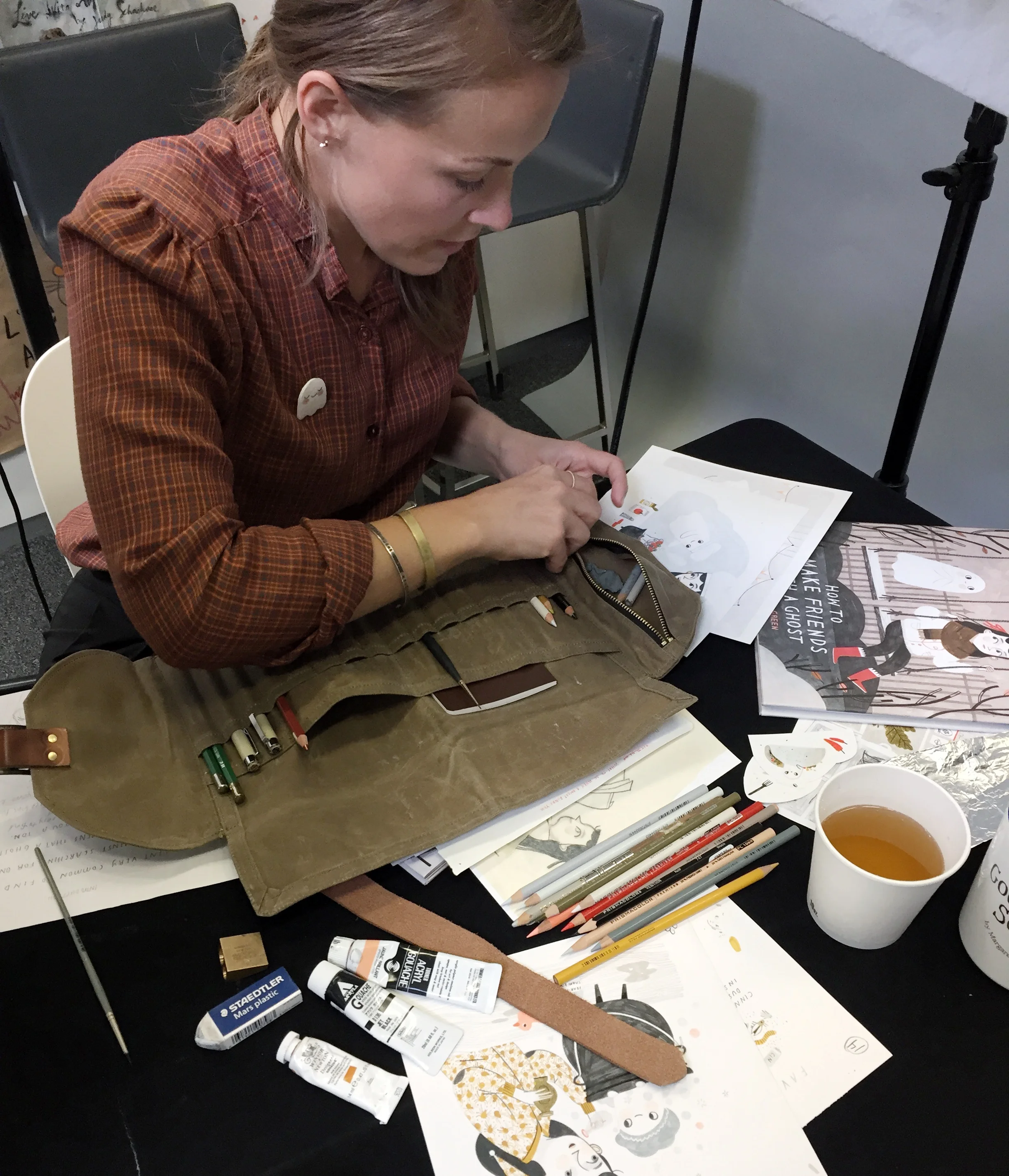 I carried all my supplies in my Peg & Awl Sendak Artist Roll which I loooove.