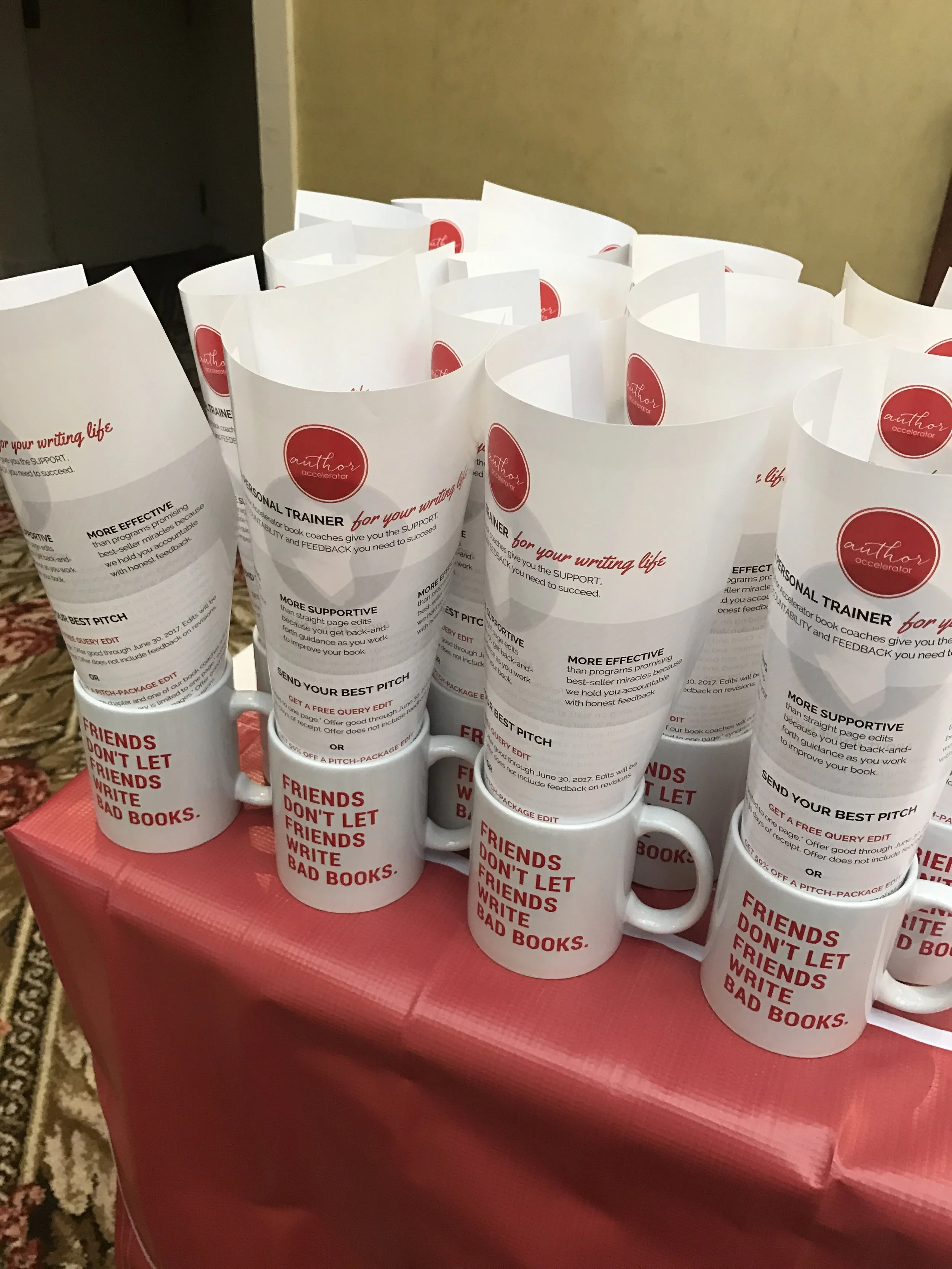 Some of the 500 mugs Author Accelerator gave away.