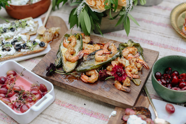 Cheesy Poblano Chiles stuffed with Grilled Shrimp. Recipe below.