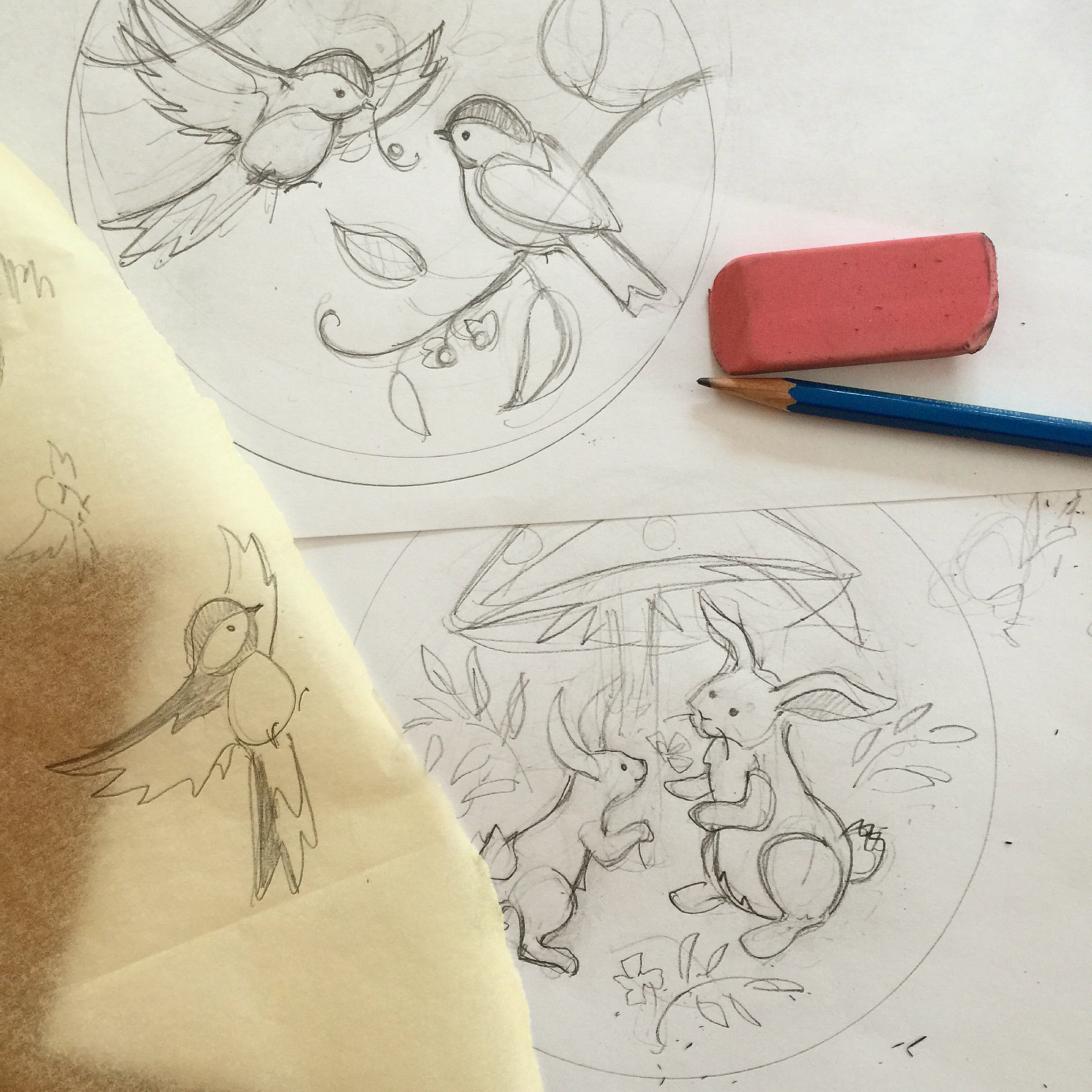 The little rabbits are still on the drawing table, I haven't found the right color felt for them yet.